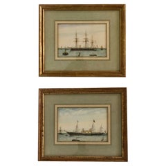 British Antique Paintings Ships in the Harbor