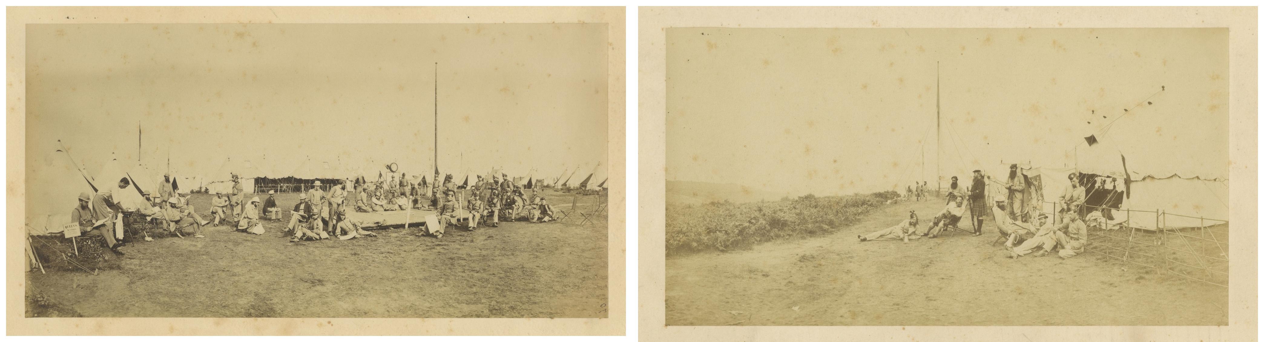 British Army Camp Scenes – Highland and Queen’s Regiments, 19th Century Pair In Good Condition For Sale In Langweer, NL