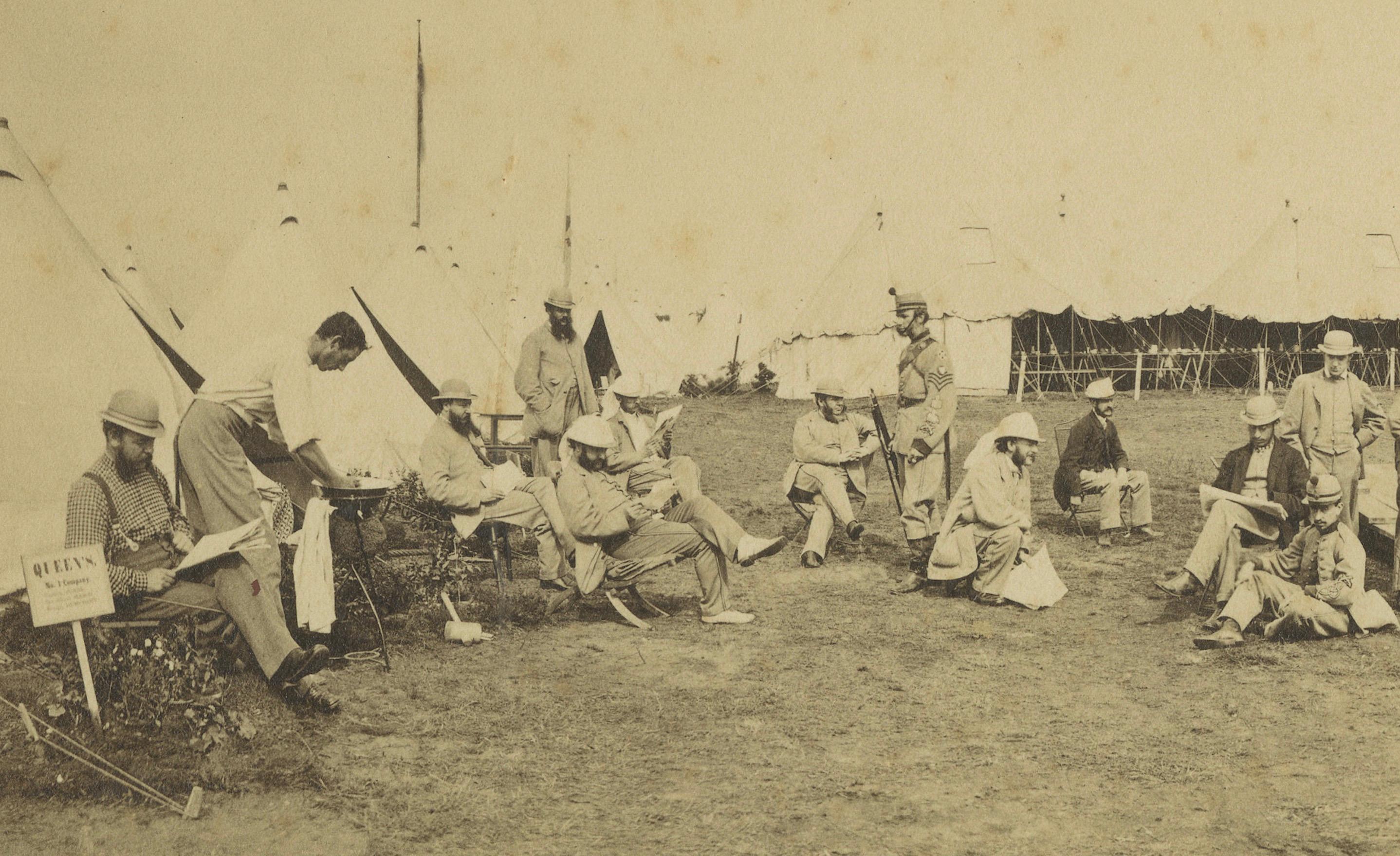 Paper British Army Camp Scenes – Highland and Queen’s Regiments, 19th Century Pair For Sale