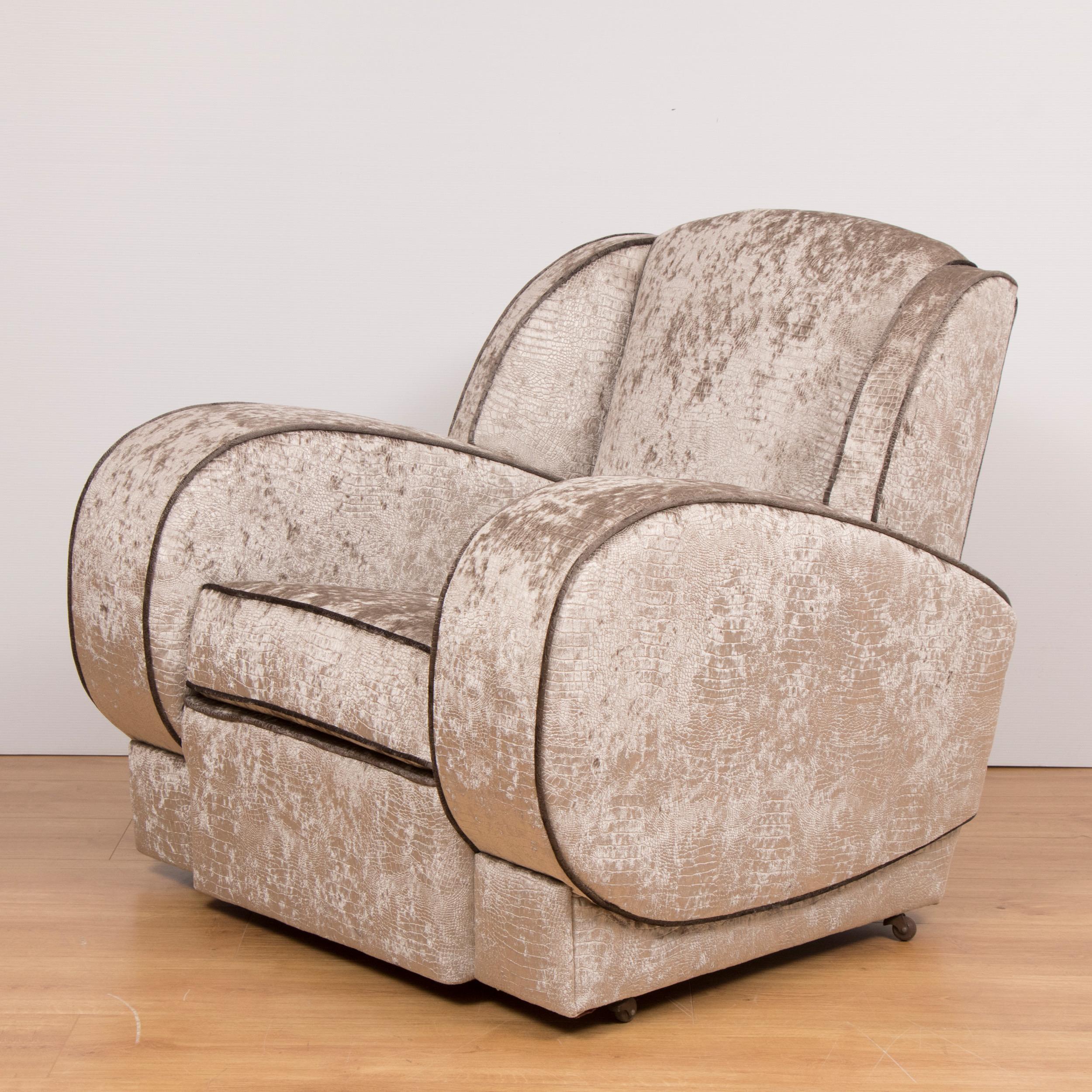 British Art Deco Armchairs Newly Upholstered in a Snakeskin Style Fabric In Good Condition For Sale In London, GB