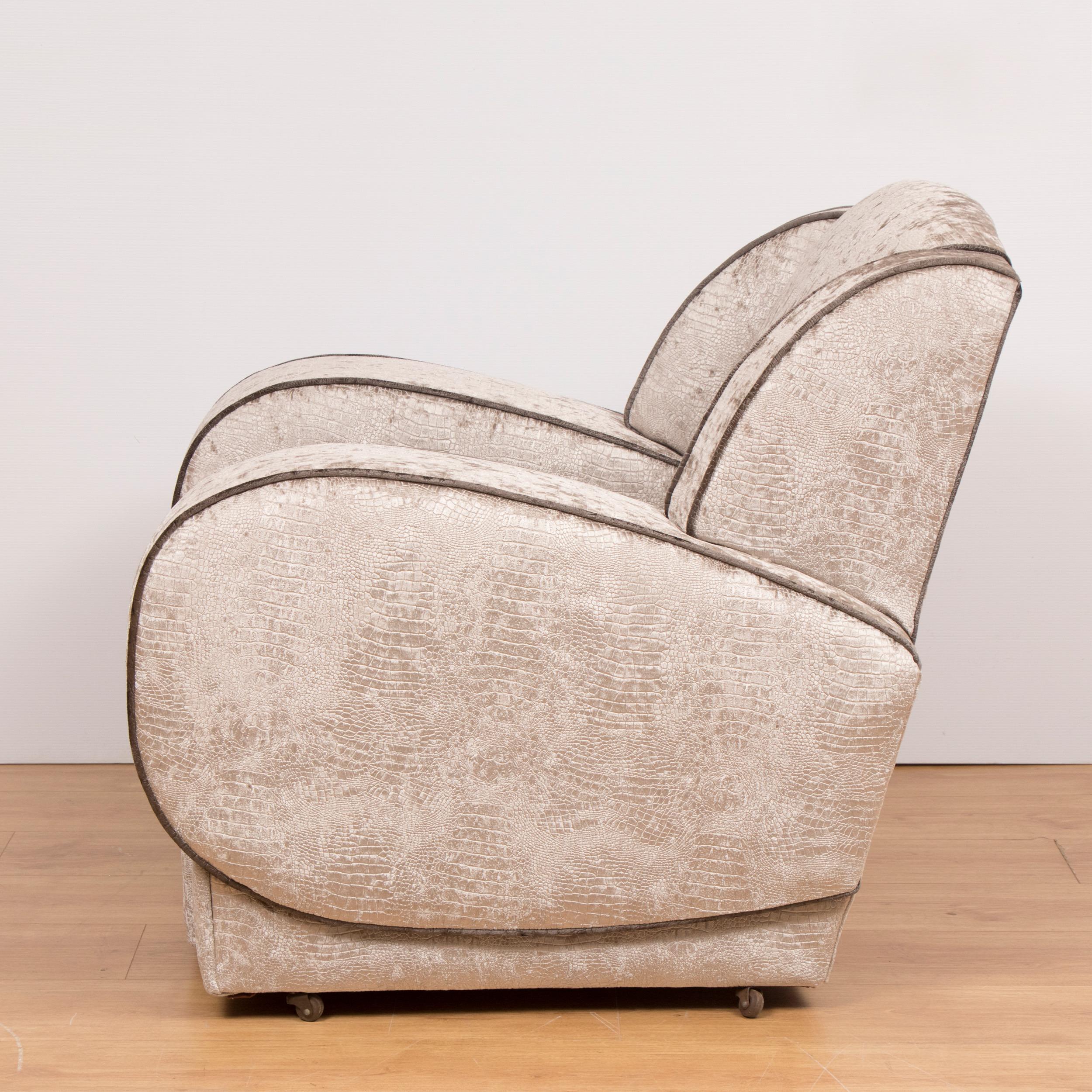 British Art Deco Armchairs Newly Upholstered in a Snakeskin Style Fabric For Sale 1