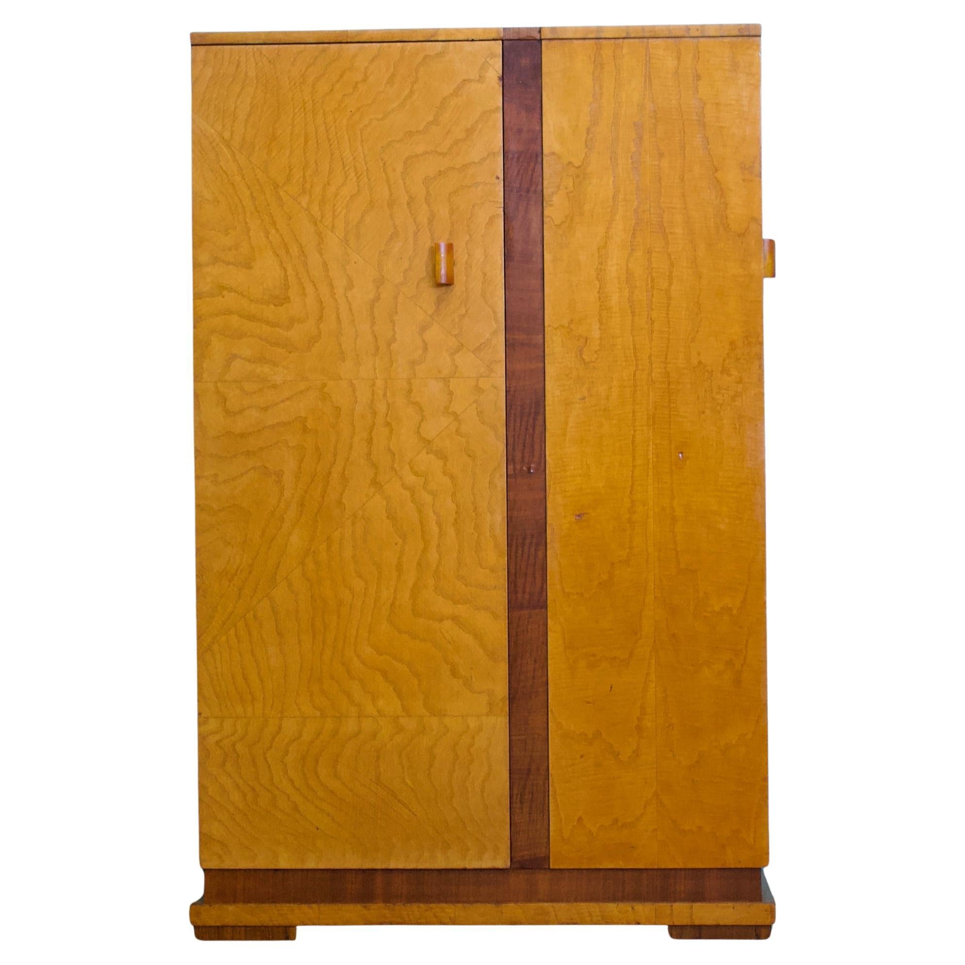British Art Deco Bird’S-Eye Maple & Walnut Tallboy Compact Wardrobe, 1930s
