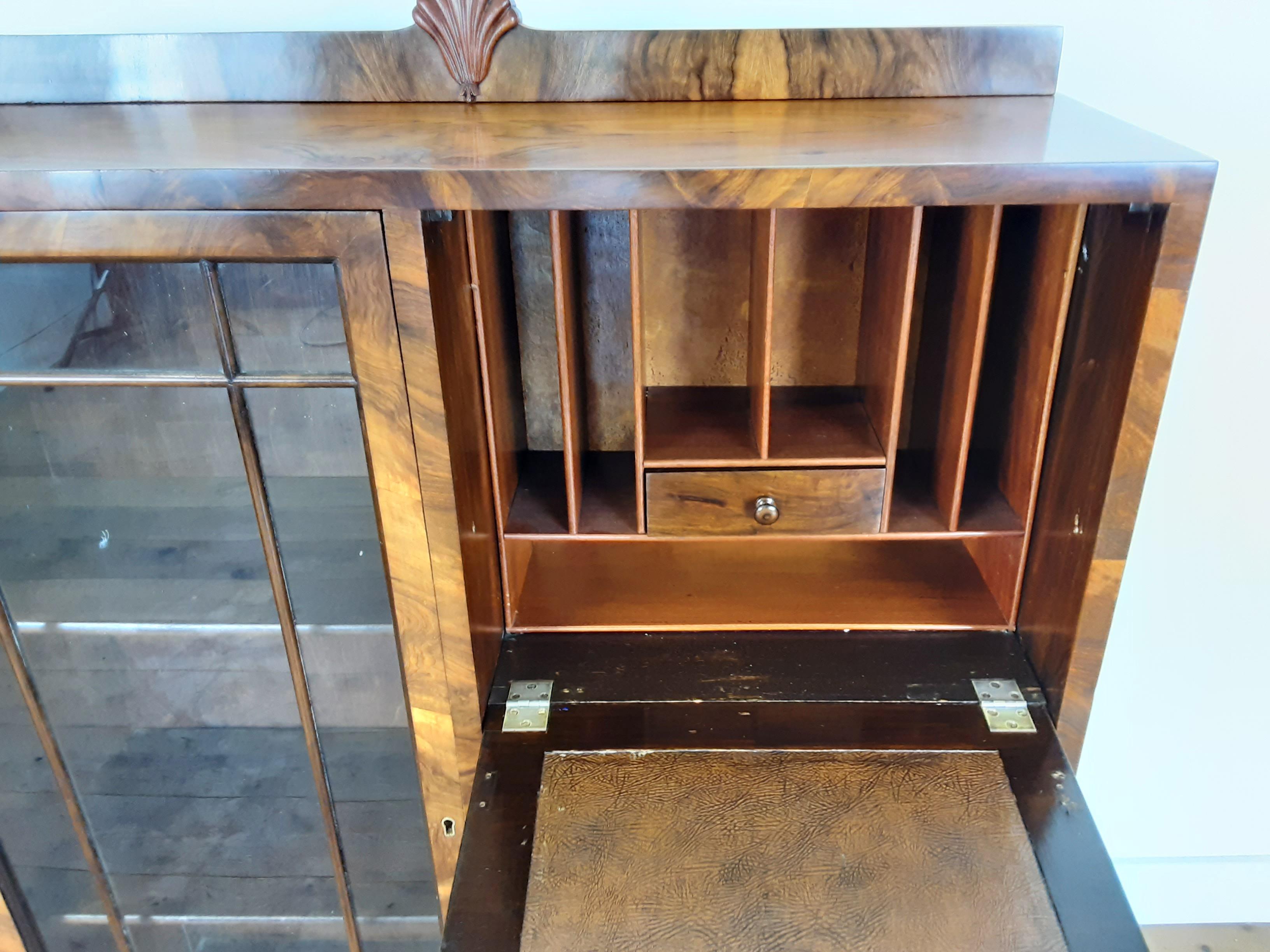 Walnut British Art Deco Bureau Display Cabinet Bookcase For Sale