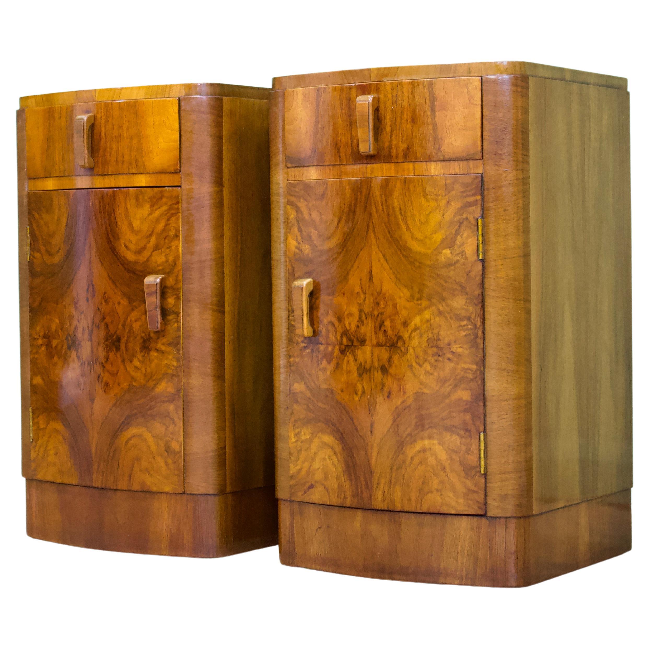 British Art Deco Burr Walnut Bow Fronted Pair Bedside Tables, 1930s