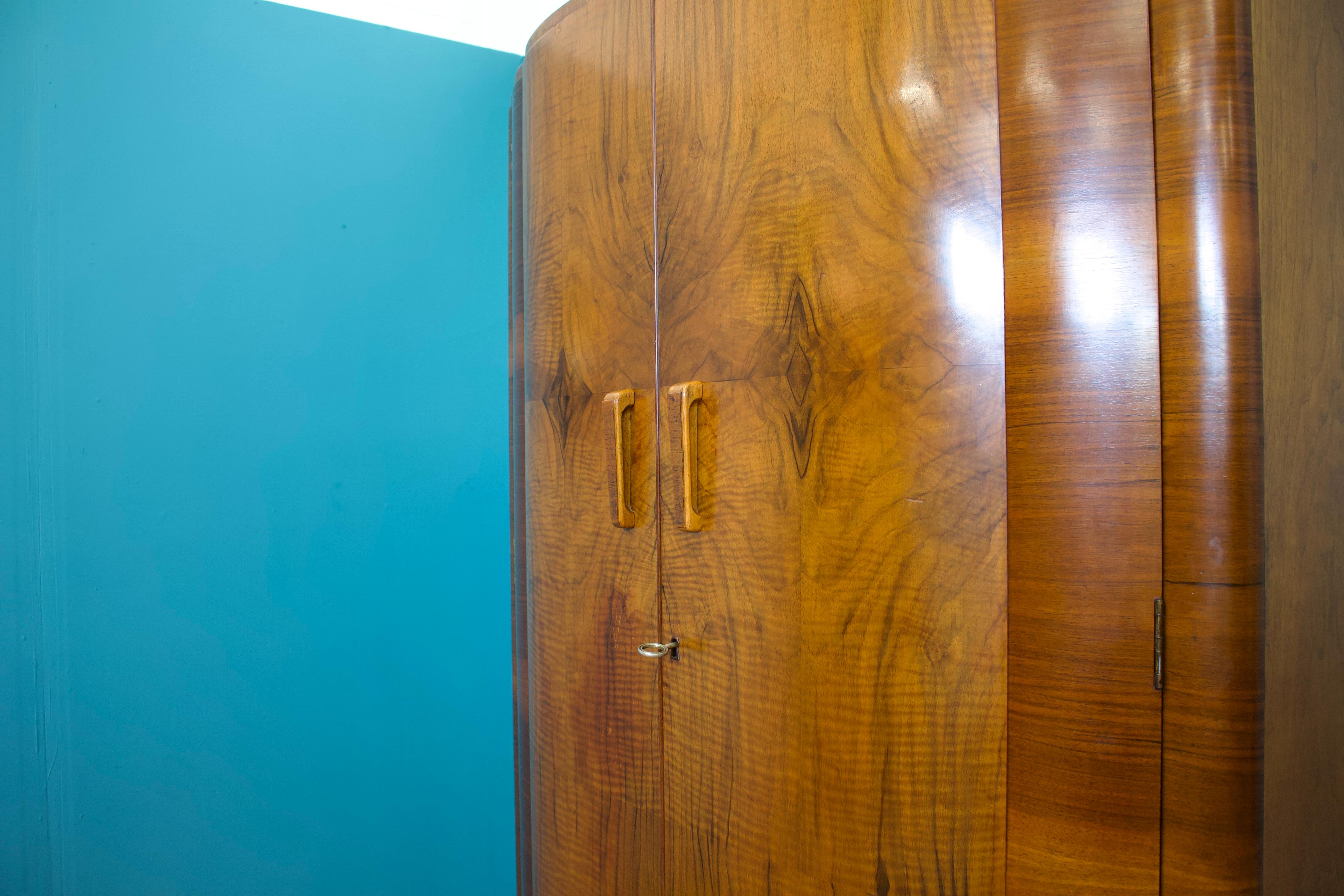British Art Deco Burr Walnut Bow Fronted Wardrobe, 1930s 4