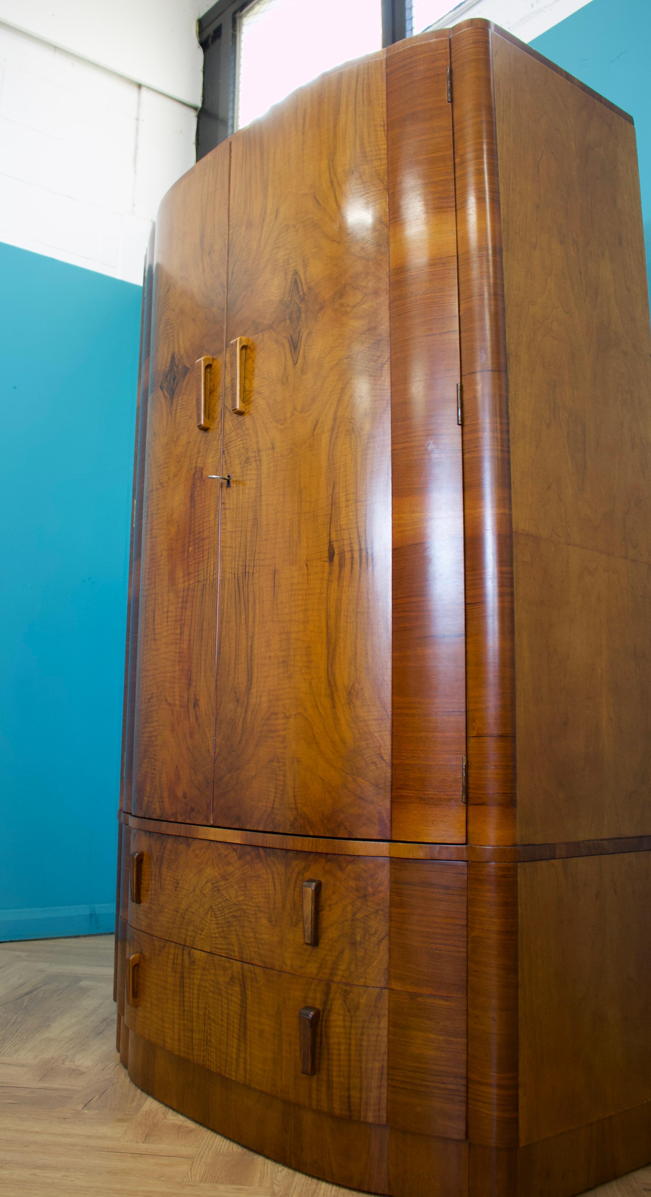 British Art Deco Burr Walnut Bow Fronted Wardrobe, 1930s 6