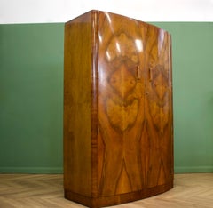 British Art Deco Burr Walnut Bow Fronted Wardrobe, 1930s