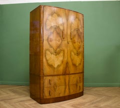 British Art Deco Burr Walnut Bow Fronted Wardrobe, 1930s