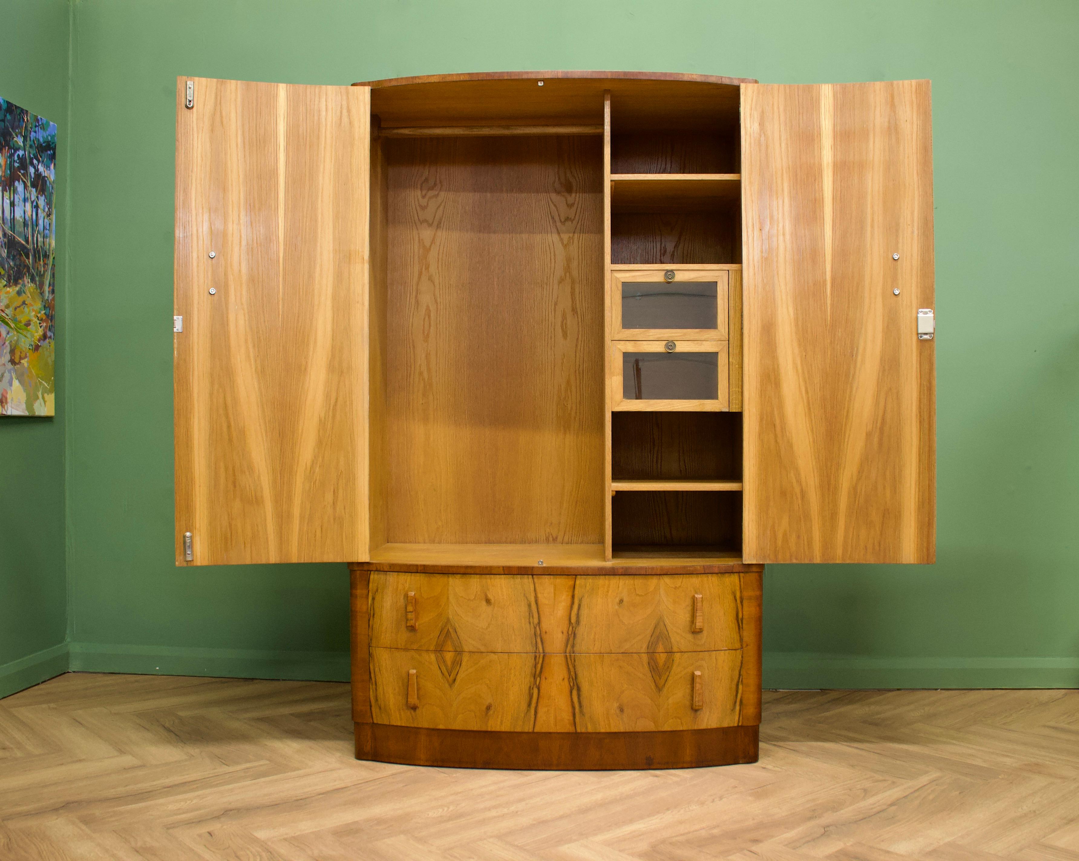 Veneer British Art Deco Burr Walnut Bow Fronted Wardrobe, 1930s