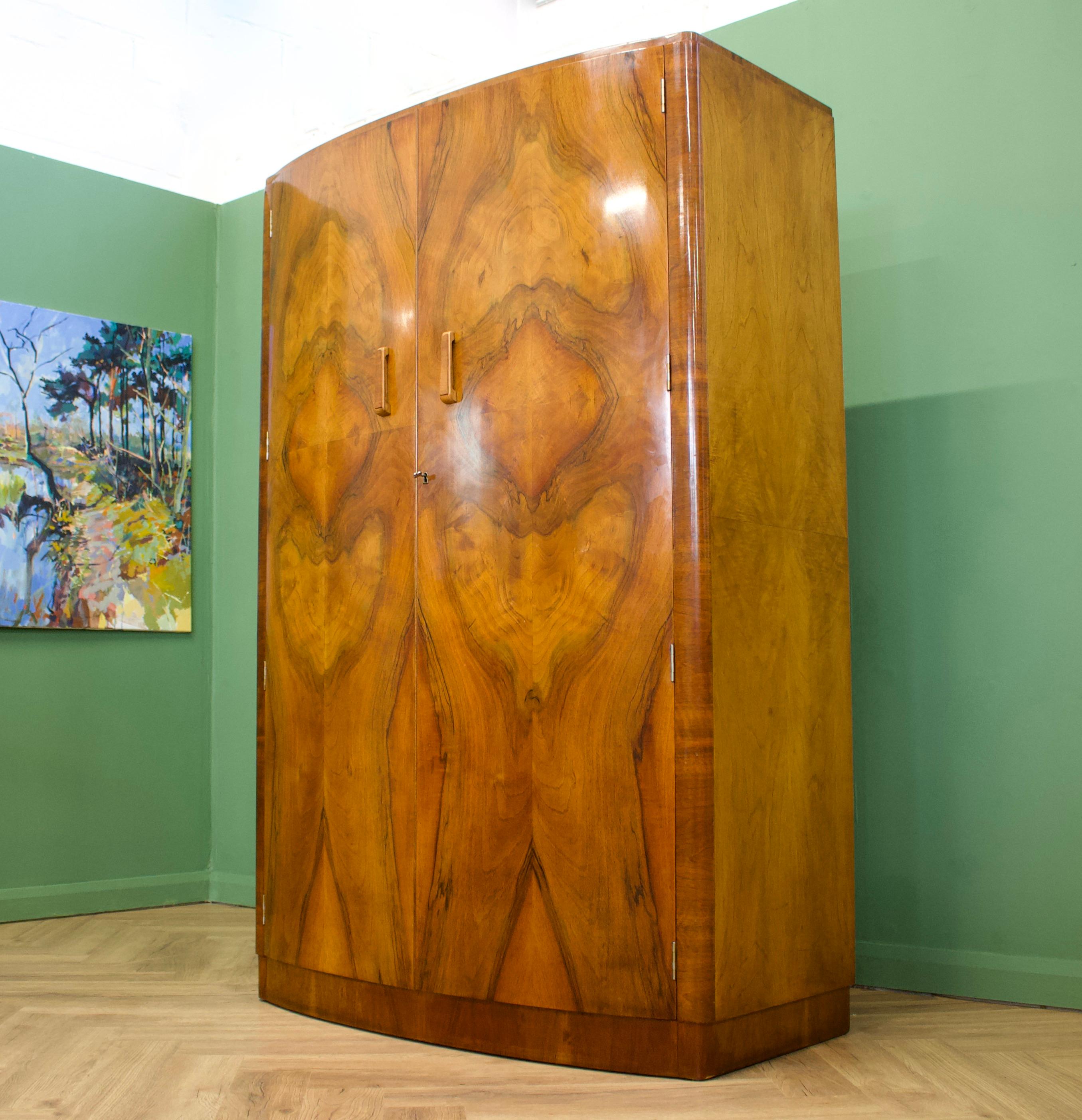 British Art Deco Burr Walnut Bow Fronted Wardrobe, 1930s In Good Condition In South Shields, GB