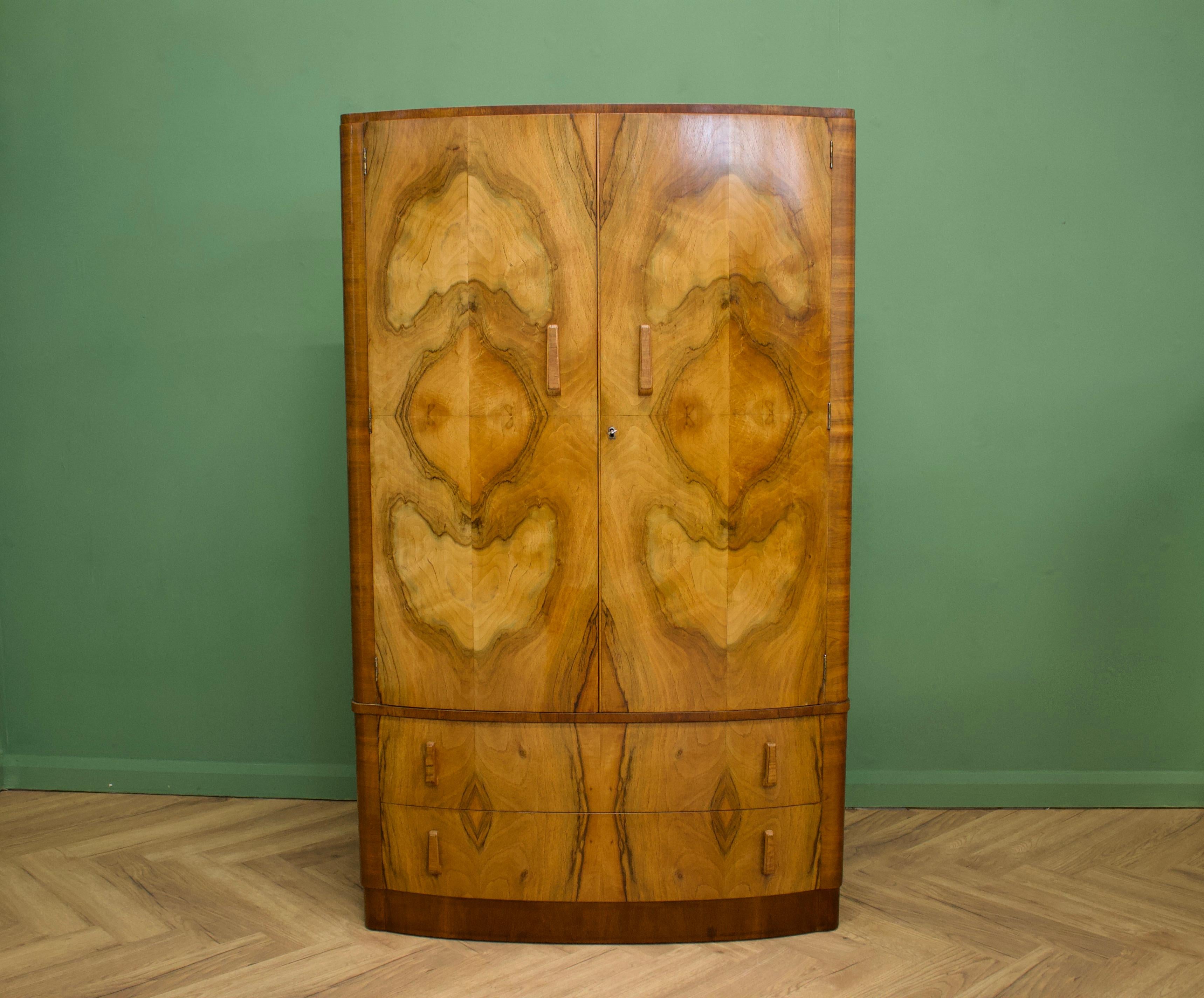 British Art Deco Burr Walnut Bow Fronted Wardrobe, 1930s In Good Condition In South Shields, GB