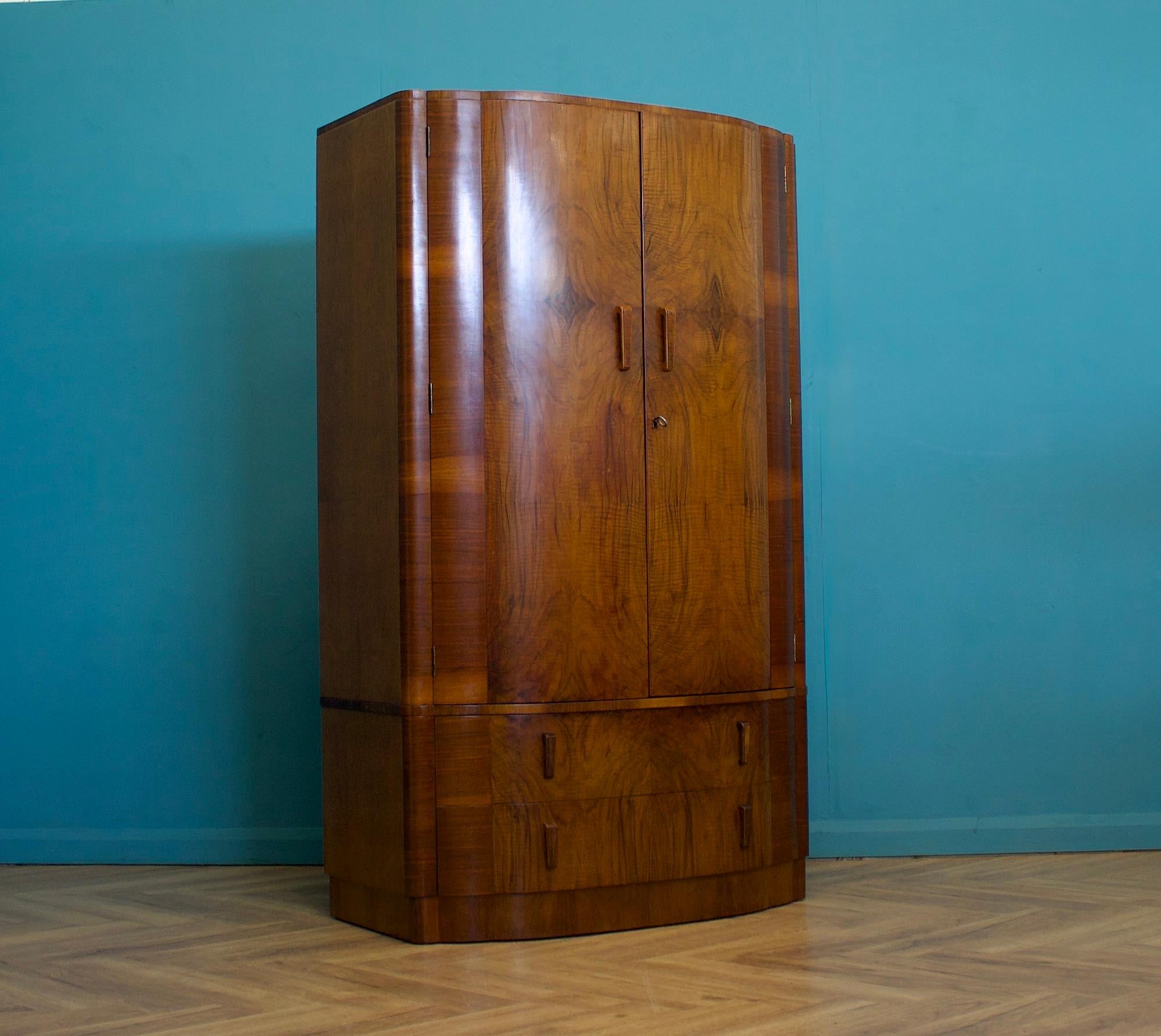 British Art Deco Burr Walnut Bow Fronted Wardrobe, 1930s In Good Condition In South Shields, GB