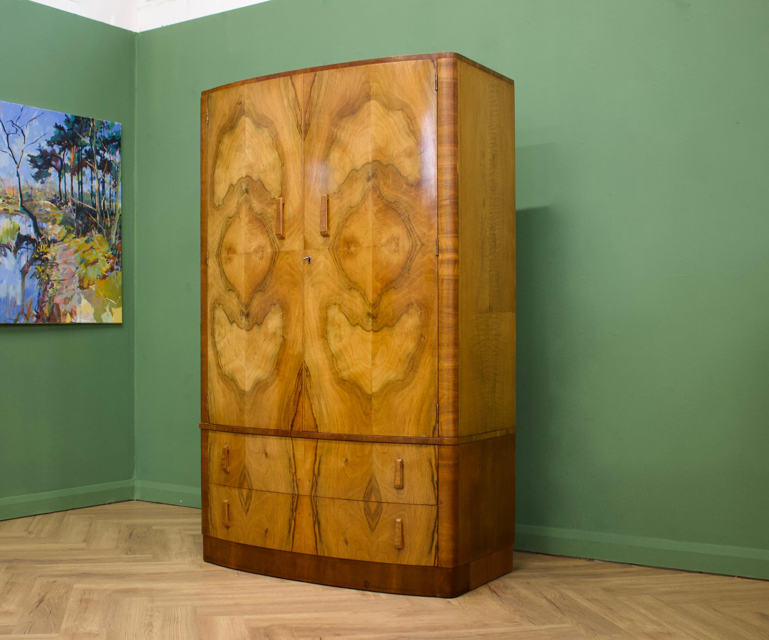 Mid-20th Century British Art Deco Burr Walnut Bow Fronted Wardrobe, 1930s