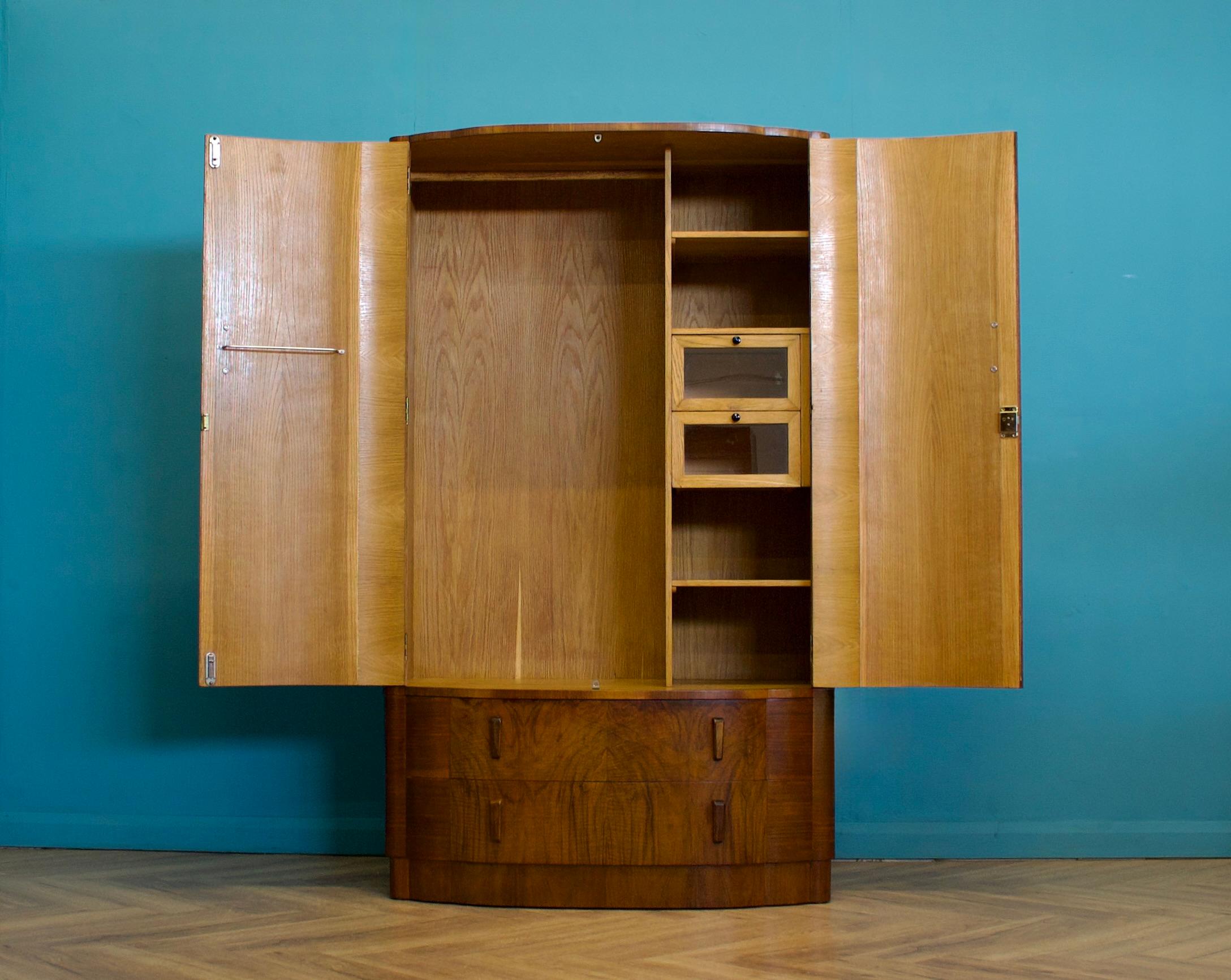 Mid-20th Century British Art Deco Burr Walnut Bow Fronted Wardrobe, 1930s