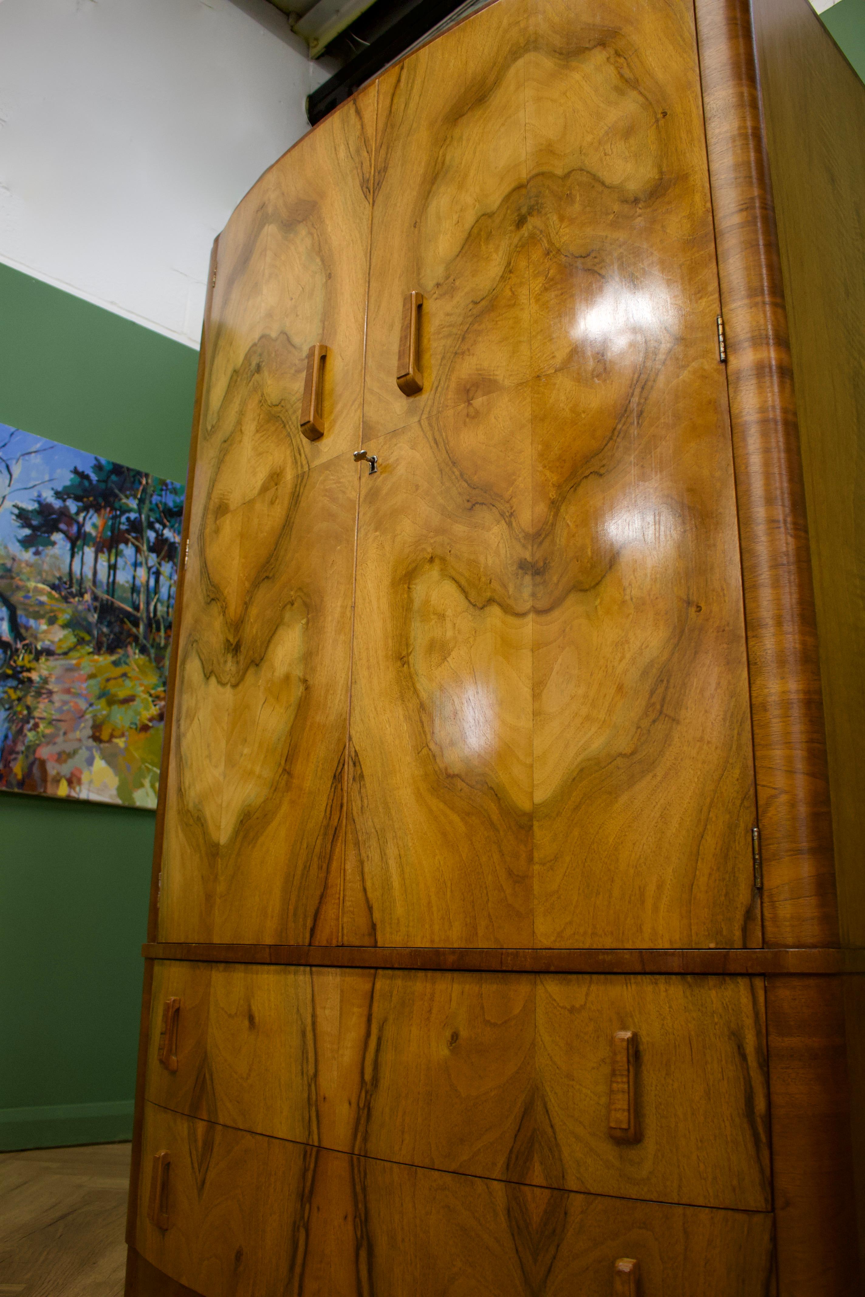 Wood British Art Deco Burr Walnut Bow Fronted Wardrobe, 1930s