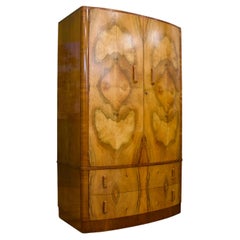 Vintage British Art Deco Burr Walnut Bow Fronted Wardrobe, 1930s