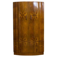 British Art Deco Burr Walnut Bow Fronted Wardrobe, 1930s