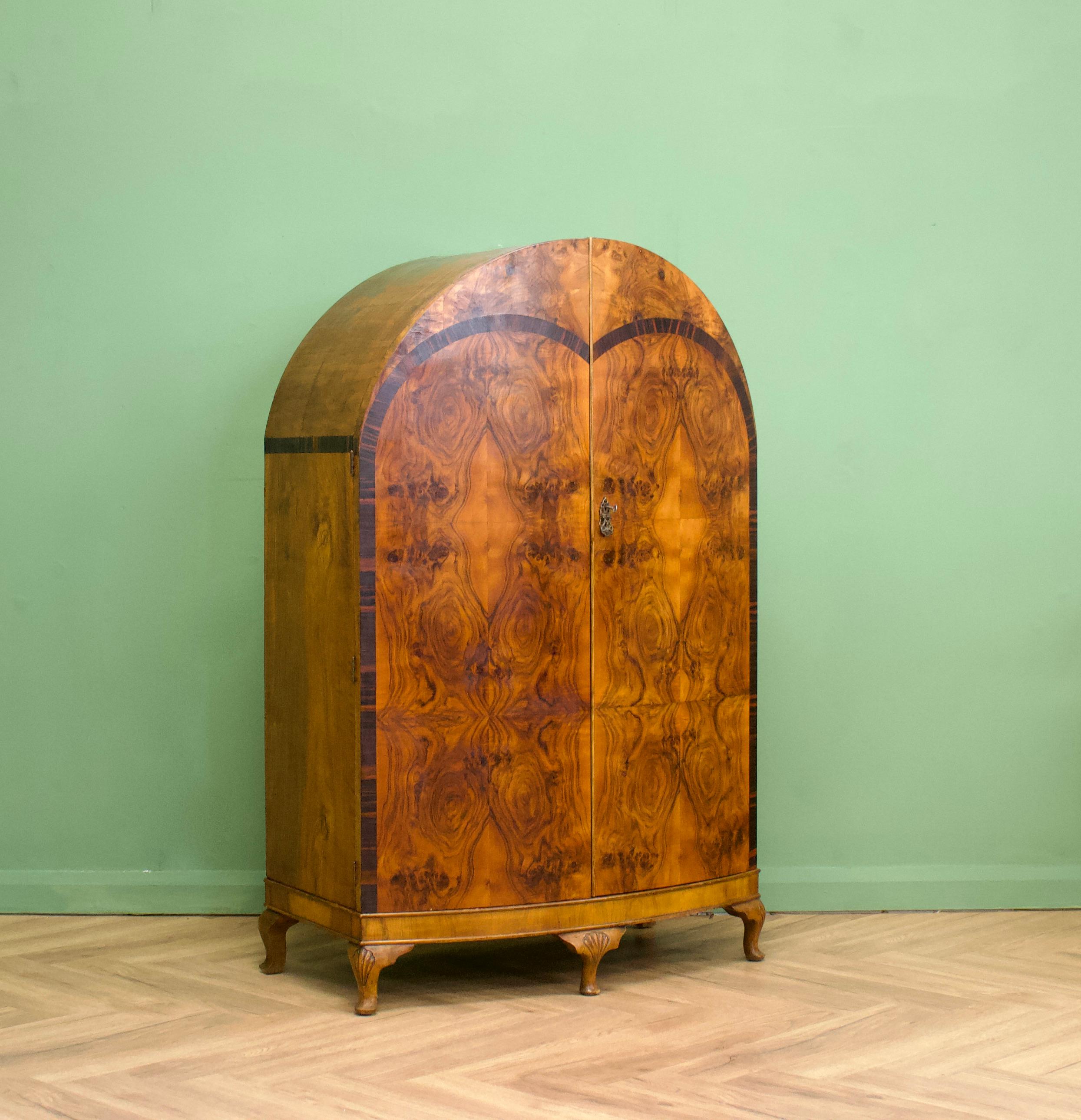 Veneer British Art Deco Burr Walnut Compact Wardrobe or Linen Cabinet, circa 1930s
