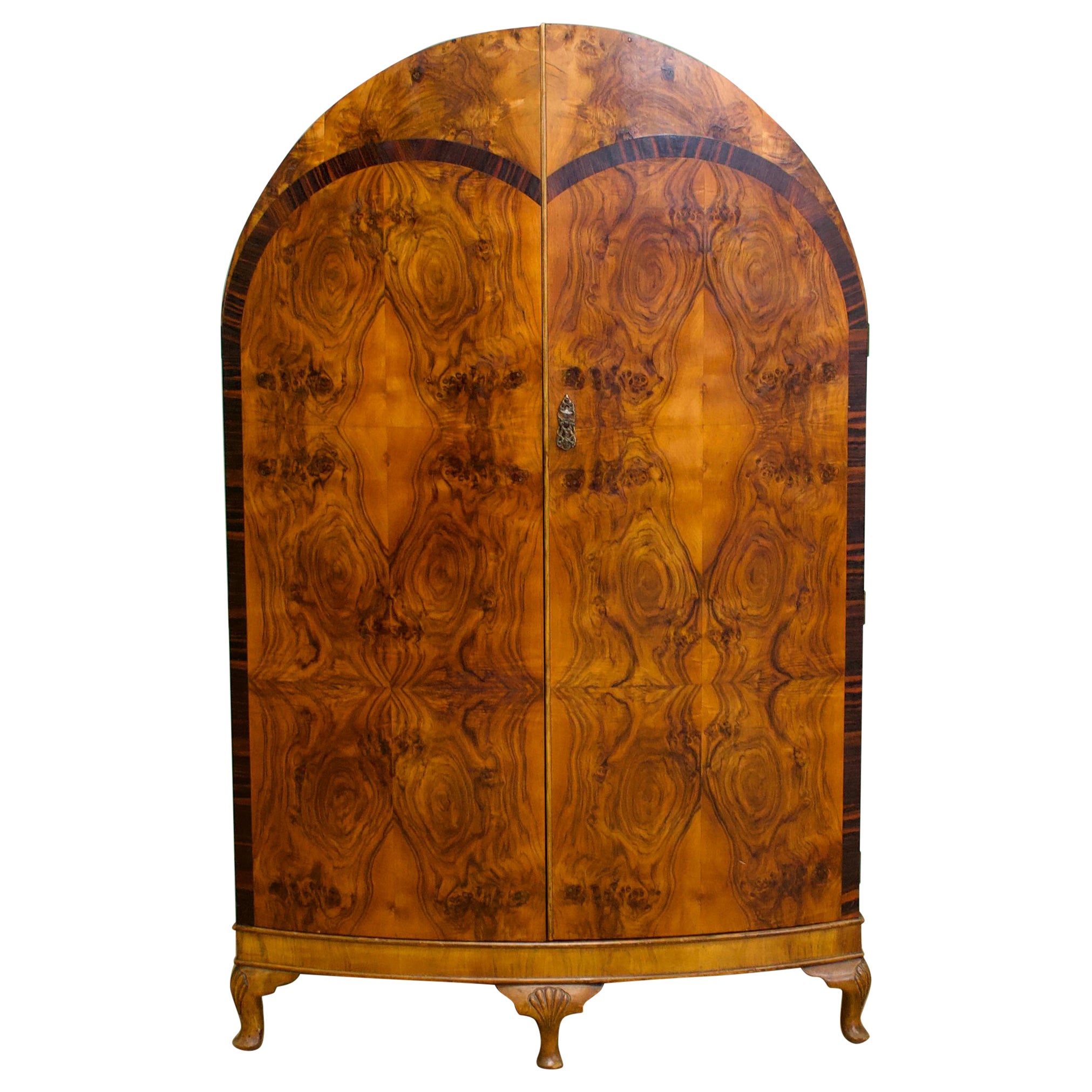 British Art Deco Burr Walnut Compact Wardrobe or Linen Cabinet, circa 1930s