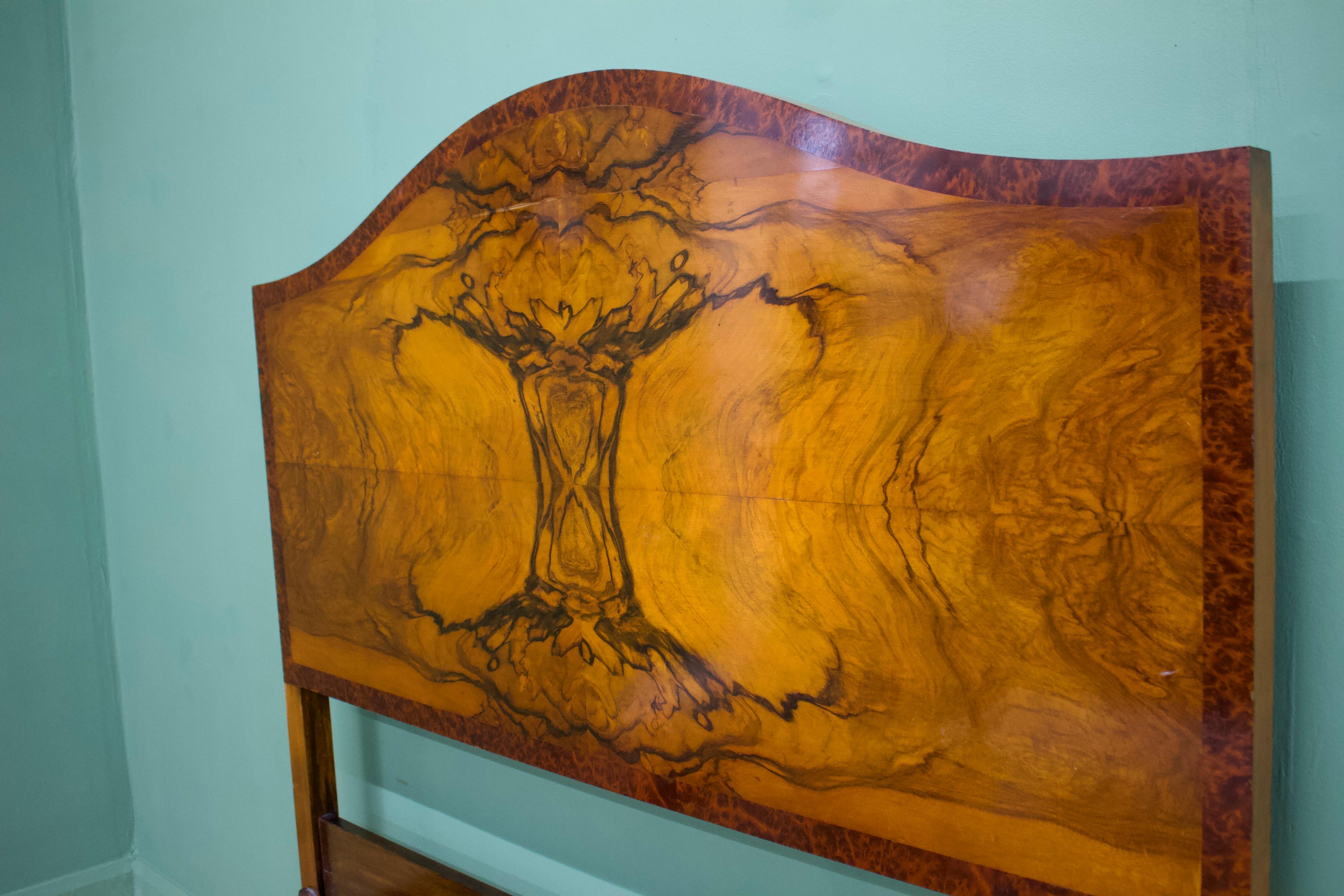 British Art Deco Burr Walnut Double Bed Frame, 1930s In Good Condition In South Shields, GB