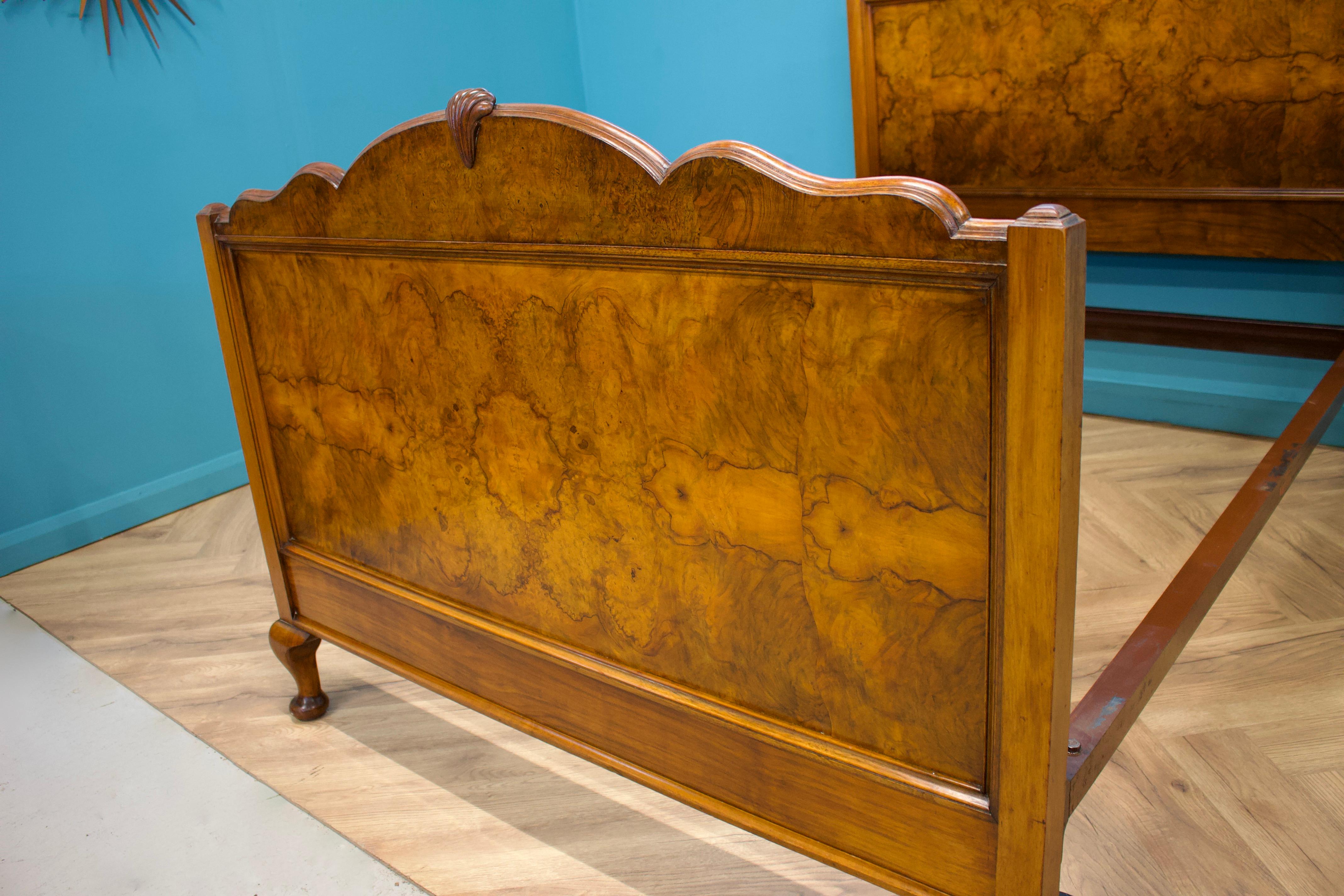 Mid-20th Century British Art Deco Burr Walnut Double Bed Frame, 1930s For Sale