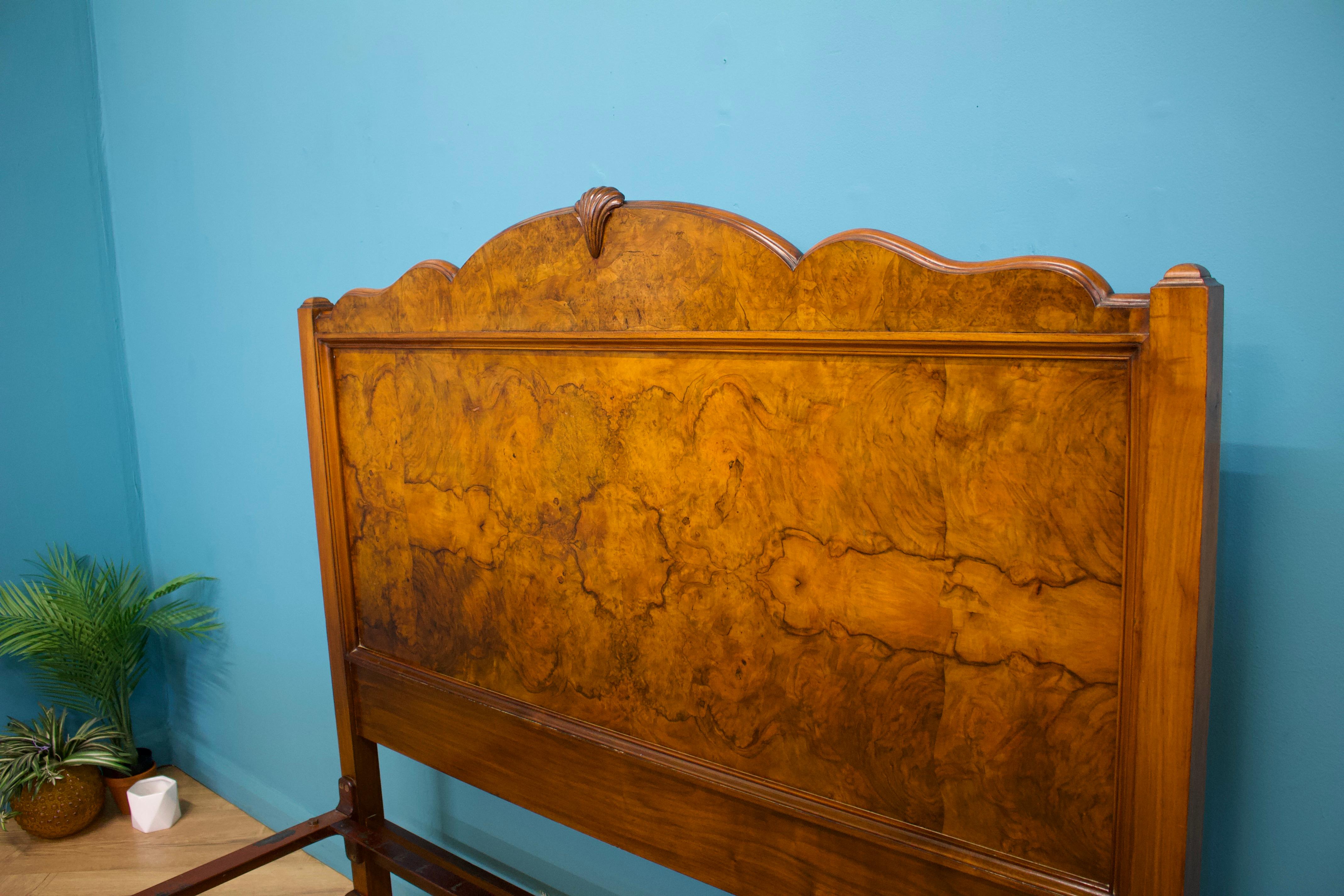 Wood British Art Deco Burr Walnut Double Bed Frame, 1930s For Sale