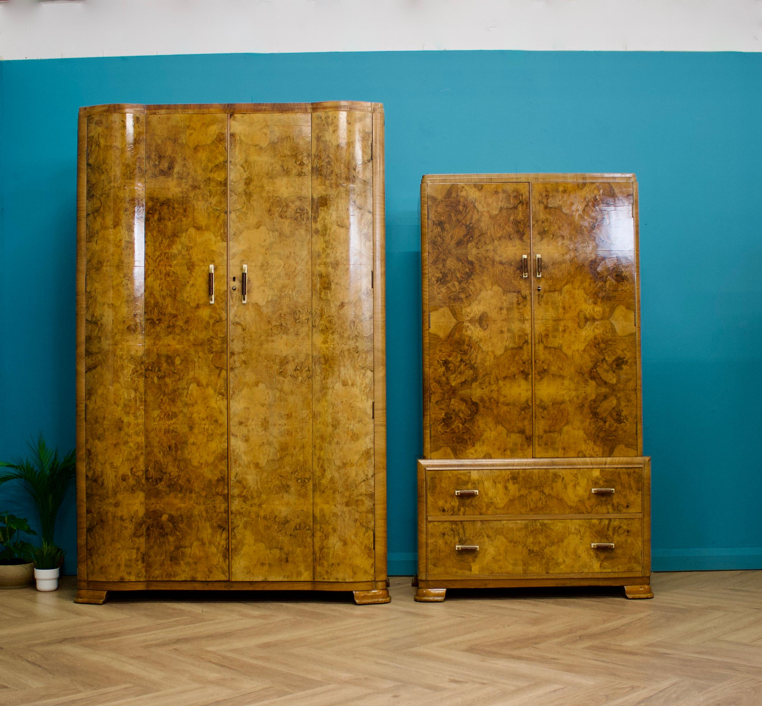 Veneer British Art Deco Burr Walnut Wardrobe, 1930s