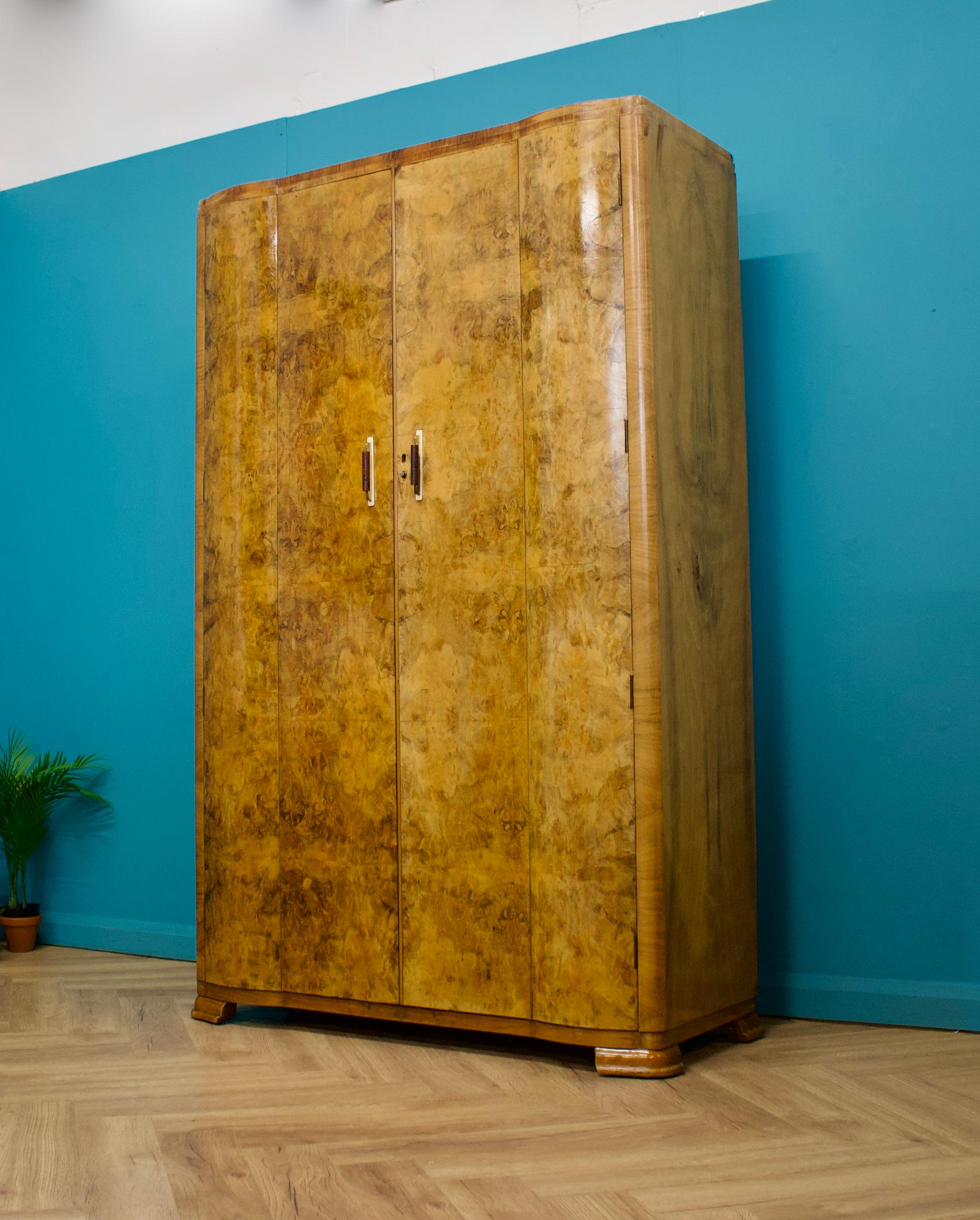 British Art Deco Burr Walnut Wardrobe, 1930s In Good Condition In South Shields, GB