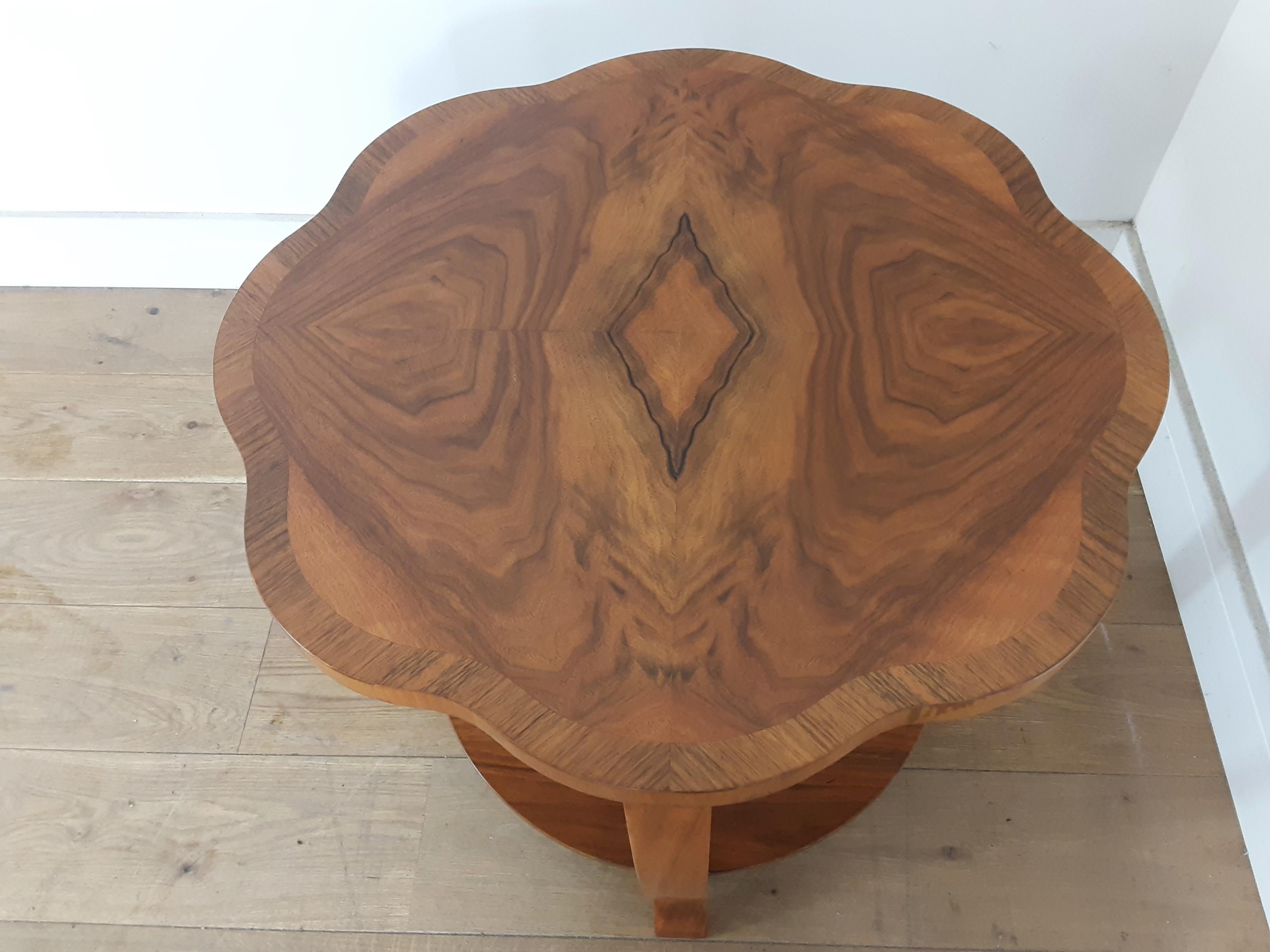 20th Century British Art Deco Figured Walnut Table with a Beautiful Scalloped Edge For Sale
