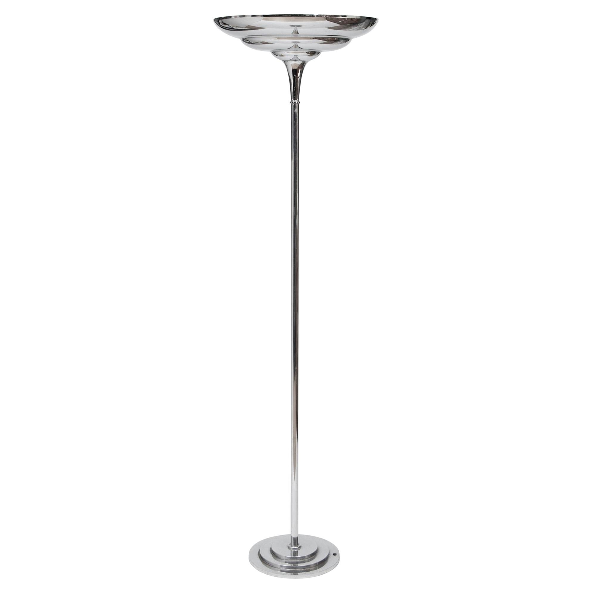 British Art Deco Floor Lamp Polished Chrome Uplighter For Sale