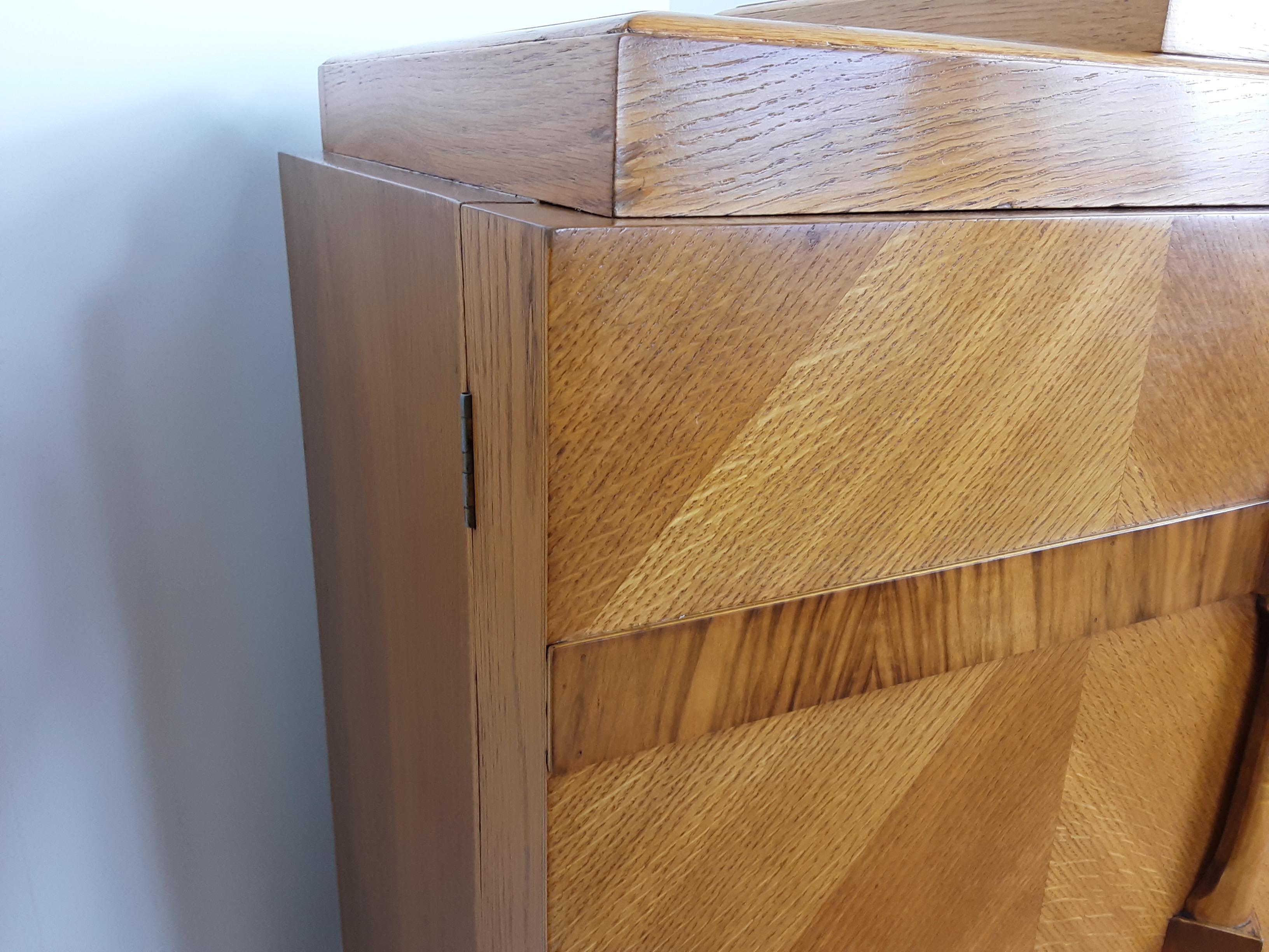 British Art Deco Golden Oak Sideboard Dry Bar with Cutlery Storage Box on Top 2