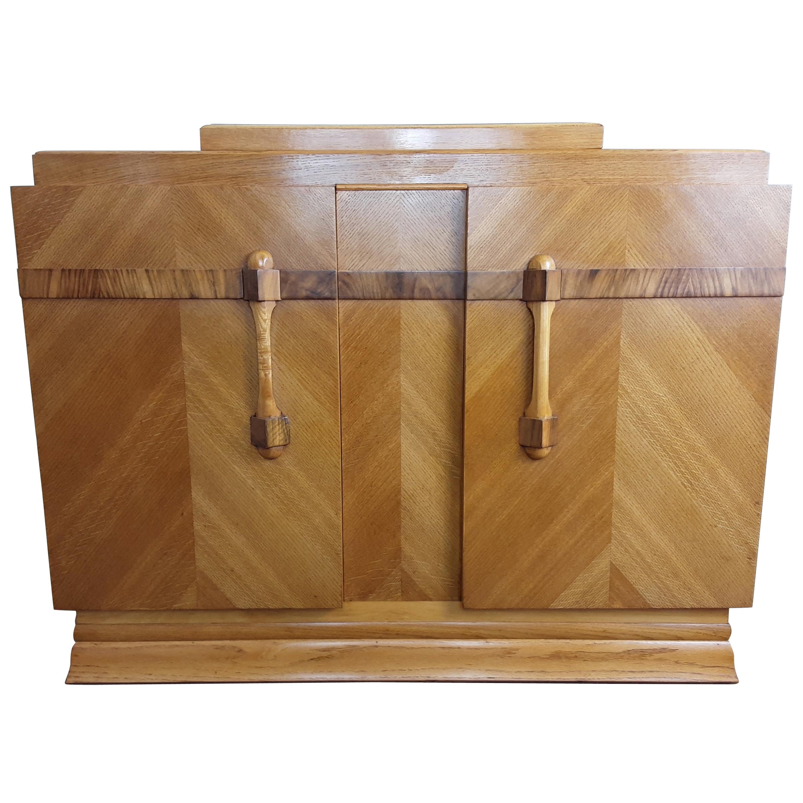 British Art Deco Golden Oak Sideboard Dry Bar with Cutlery Storage Box on Top