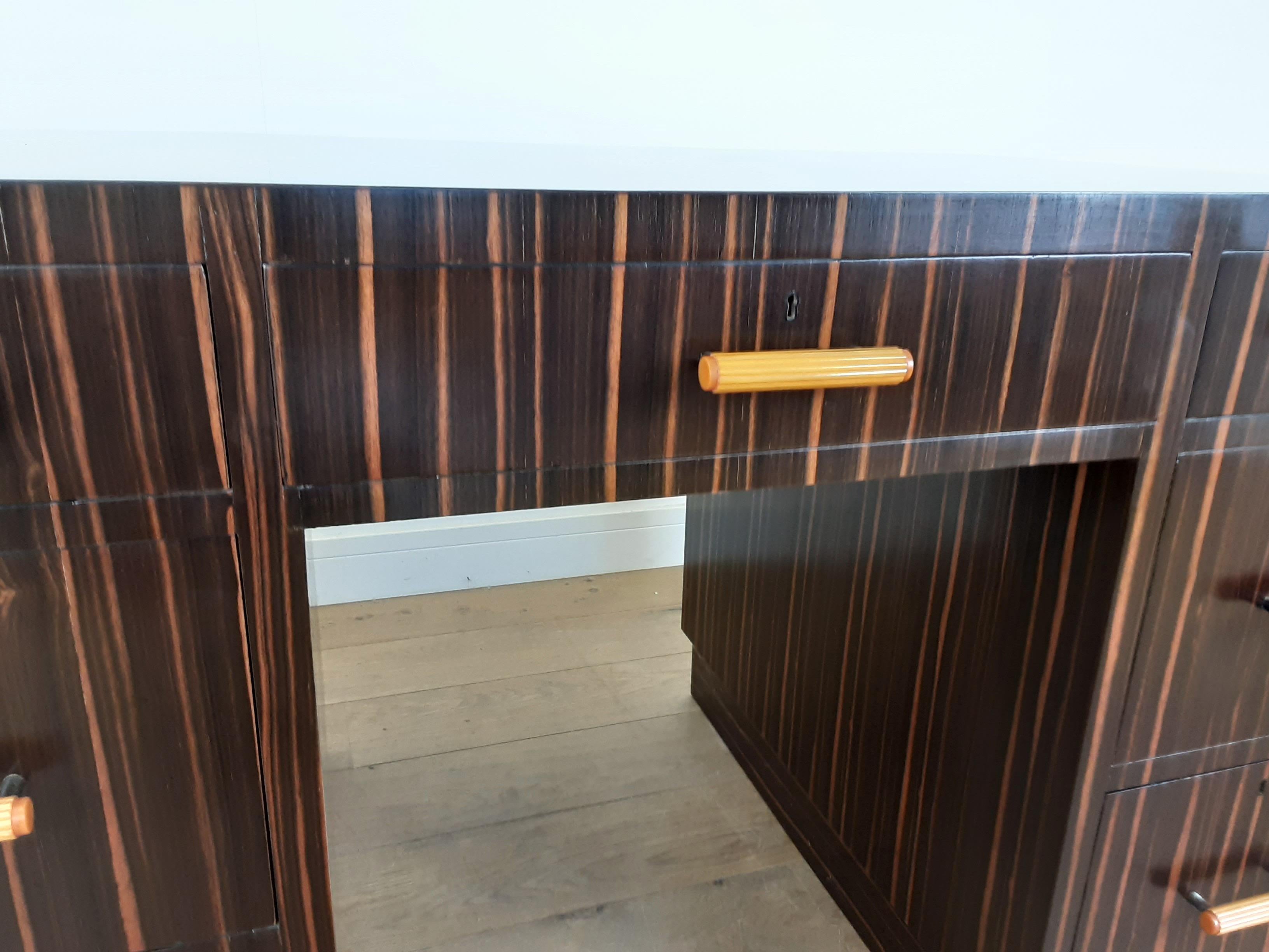 British Art Deco Macassar Desk with Bakelite Handles 9