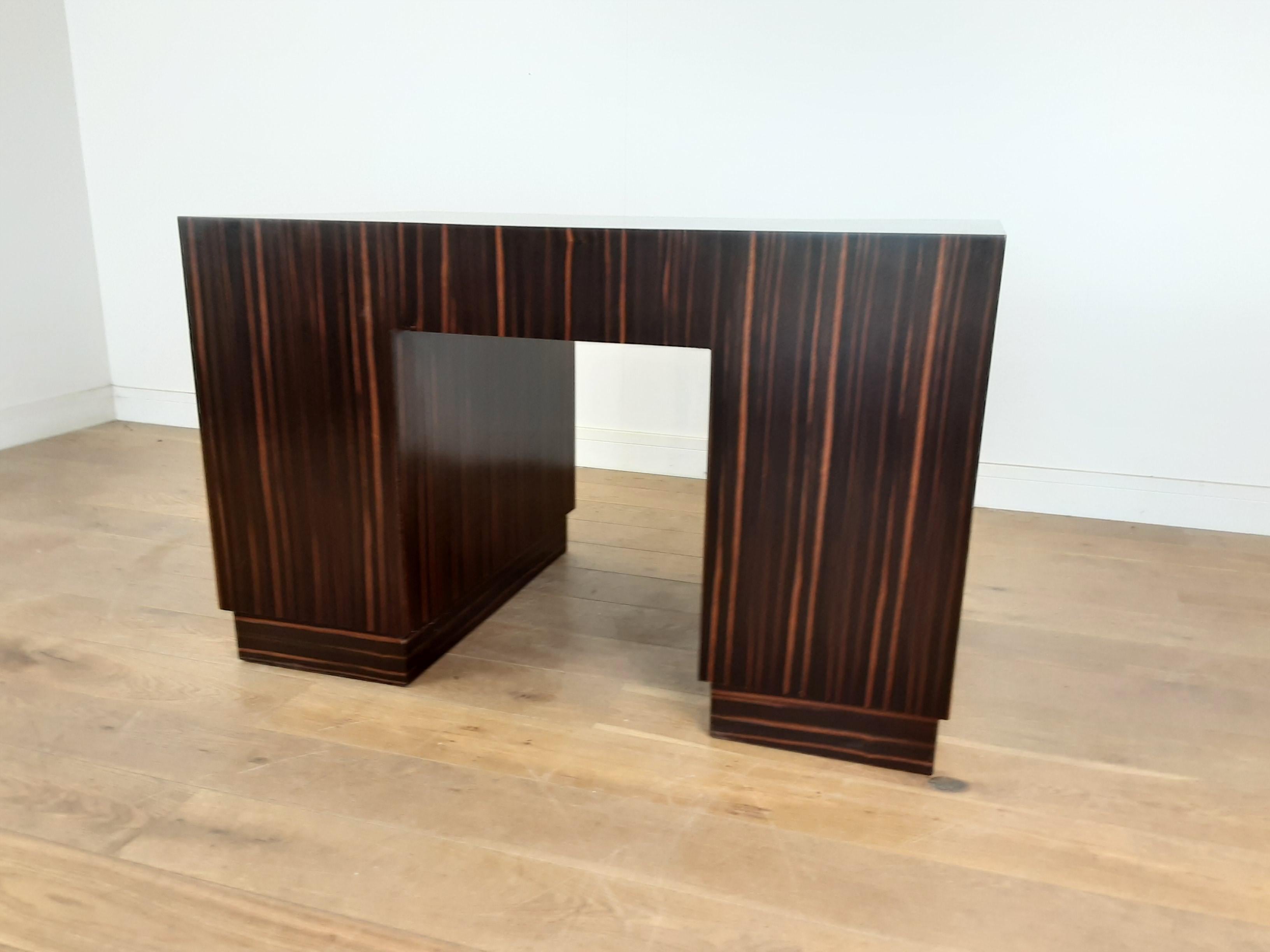 British Art Deco Macassar Desk with Bakelite Handles 11