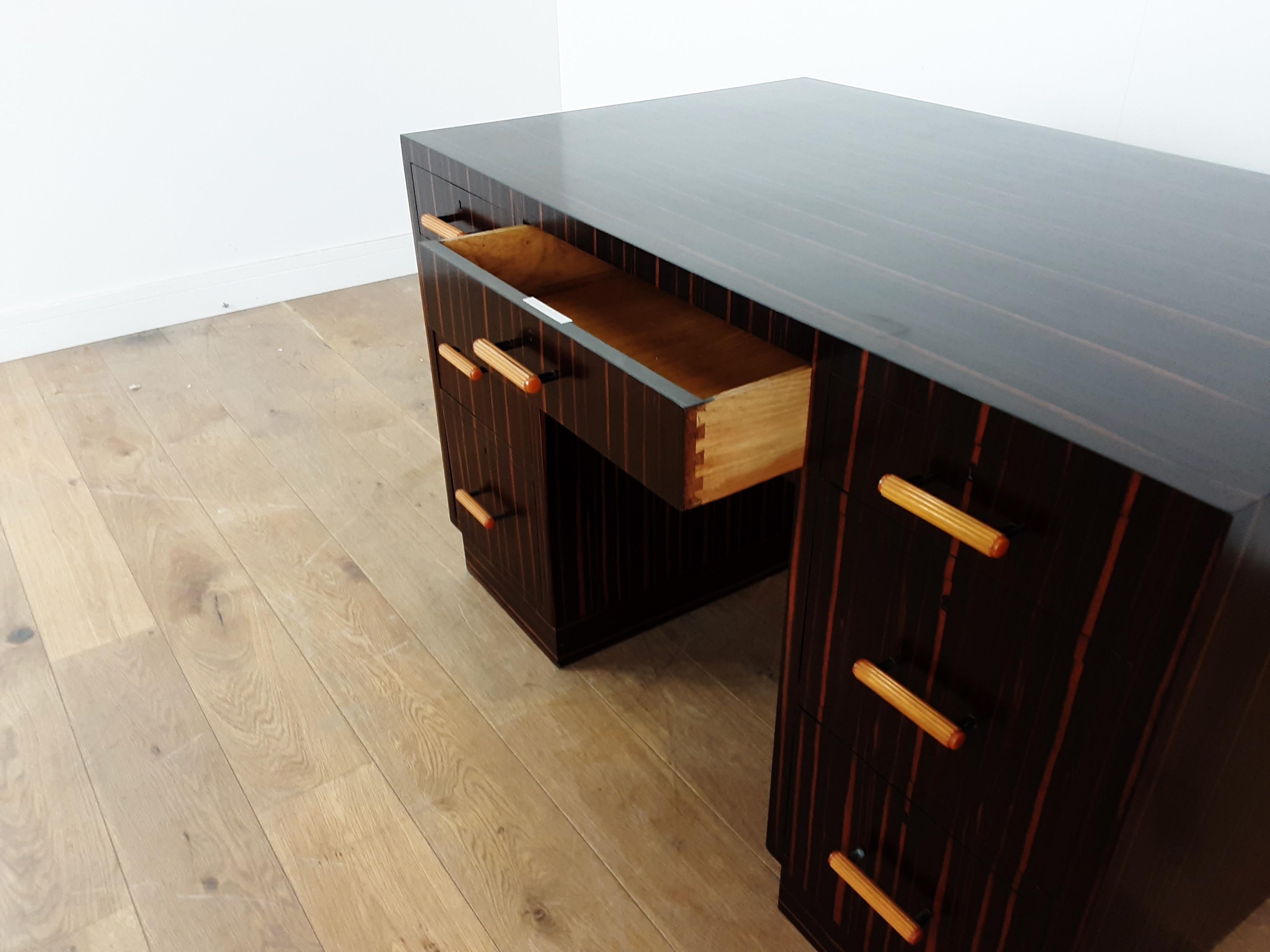 British Art Deco Macassar Desk with Bakelite Handles 2