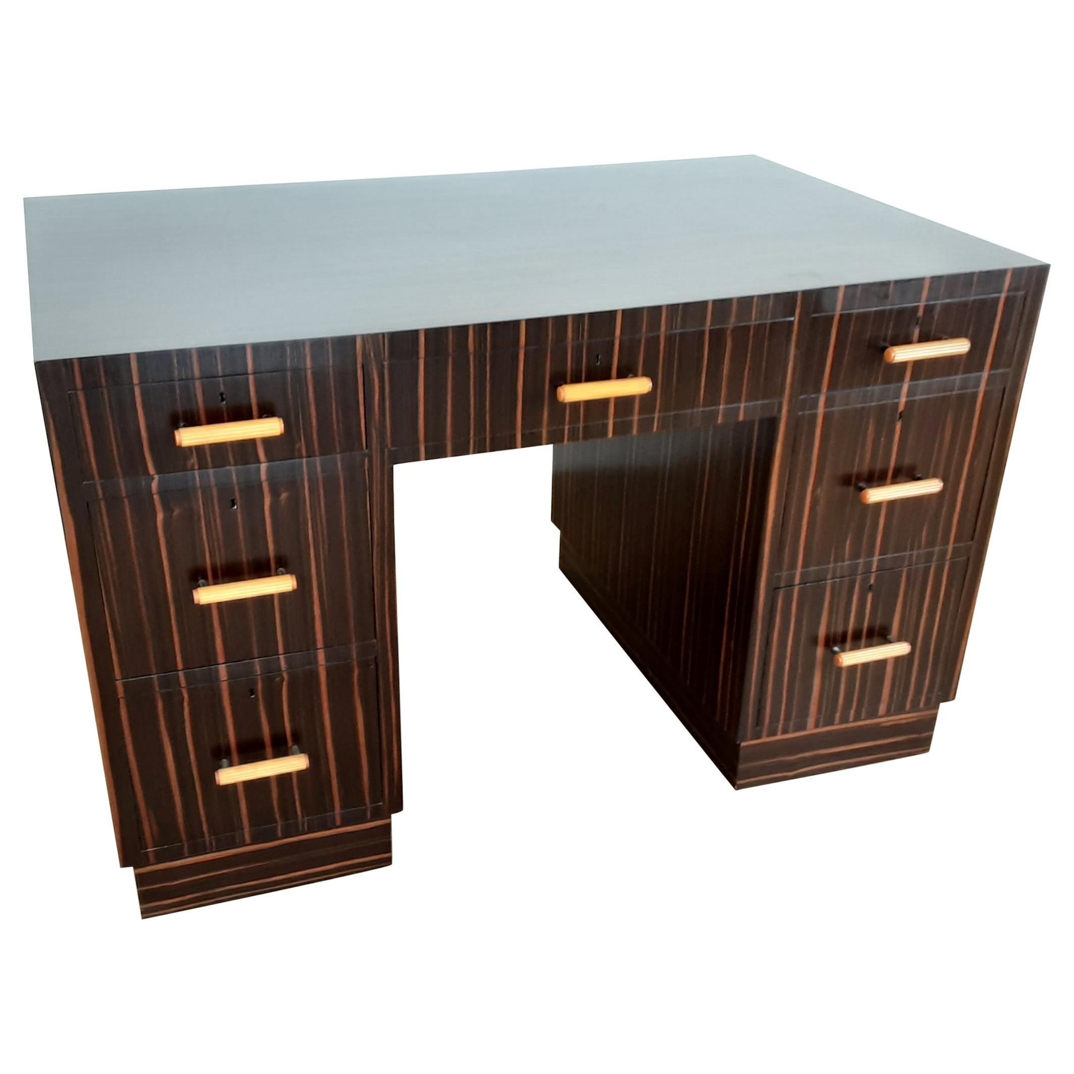 British Art Deco Macassar Desk with Bakelite Handles
