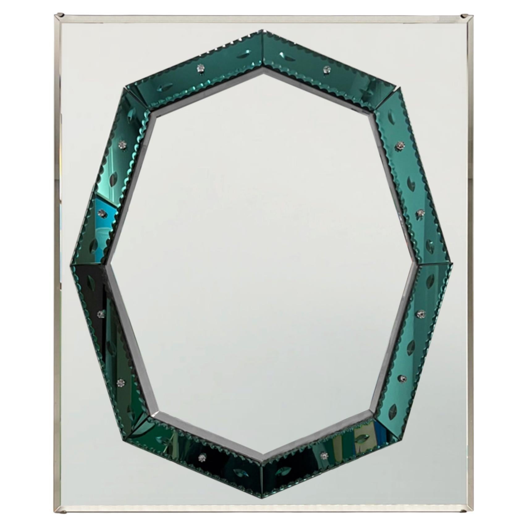Britischer Art Deco Mirror mit grünem Glasdetail im Angebot