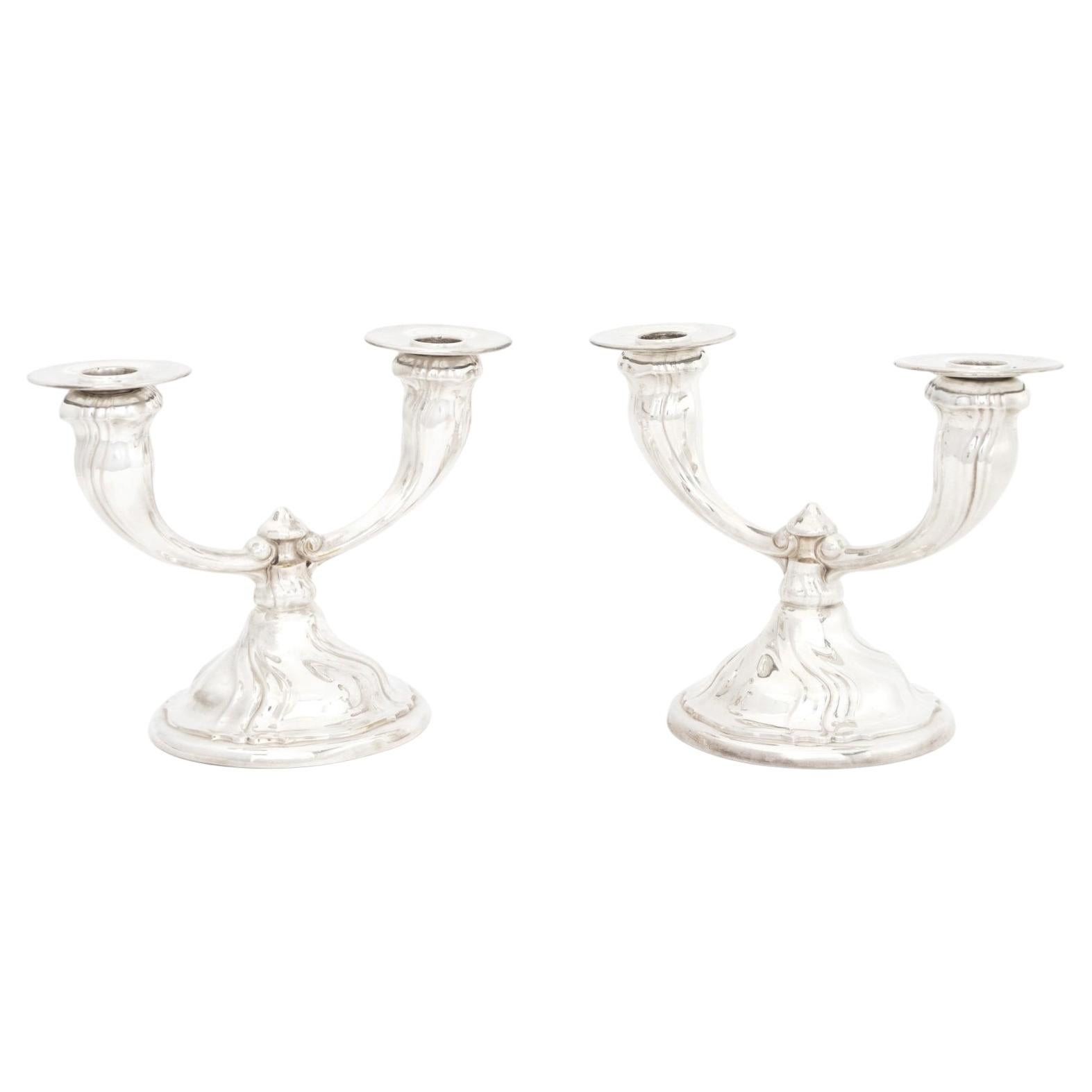 Pair of British Art Deco Silver Plate Candelabras on Circular Base For Sale