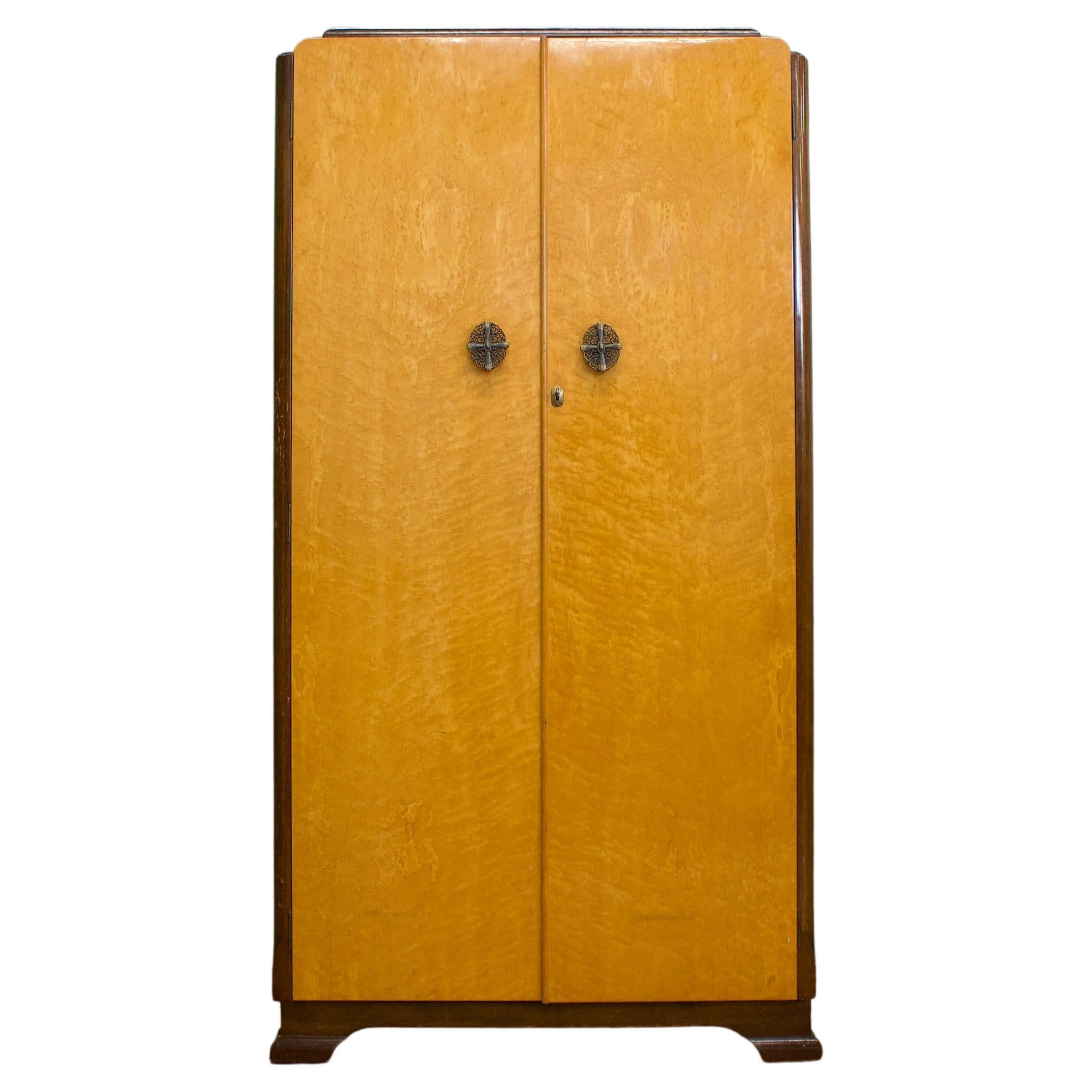 British Art Deco Style Birdseye Maple Wardrobe, 1940s