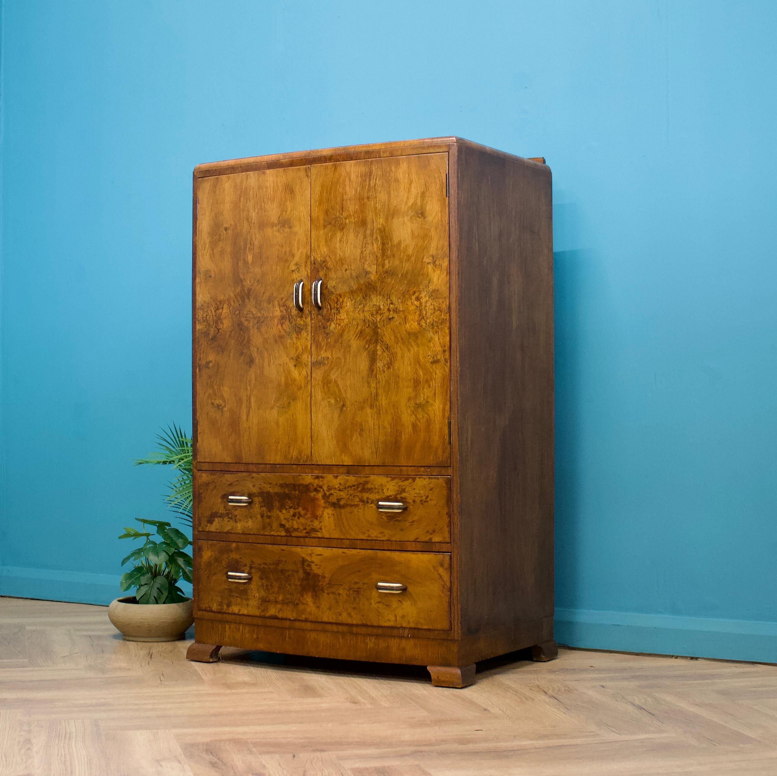 Veneer British Art Deco Style Burr Walnut Linen Cabinet, 1950s
