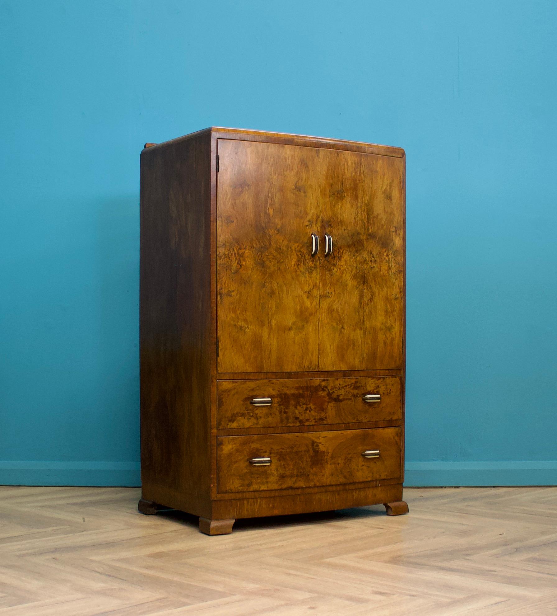 British Art Deco Style Burr Walnut Linen Cabinet, 1950s In Good Condition In South Shields, GB