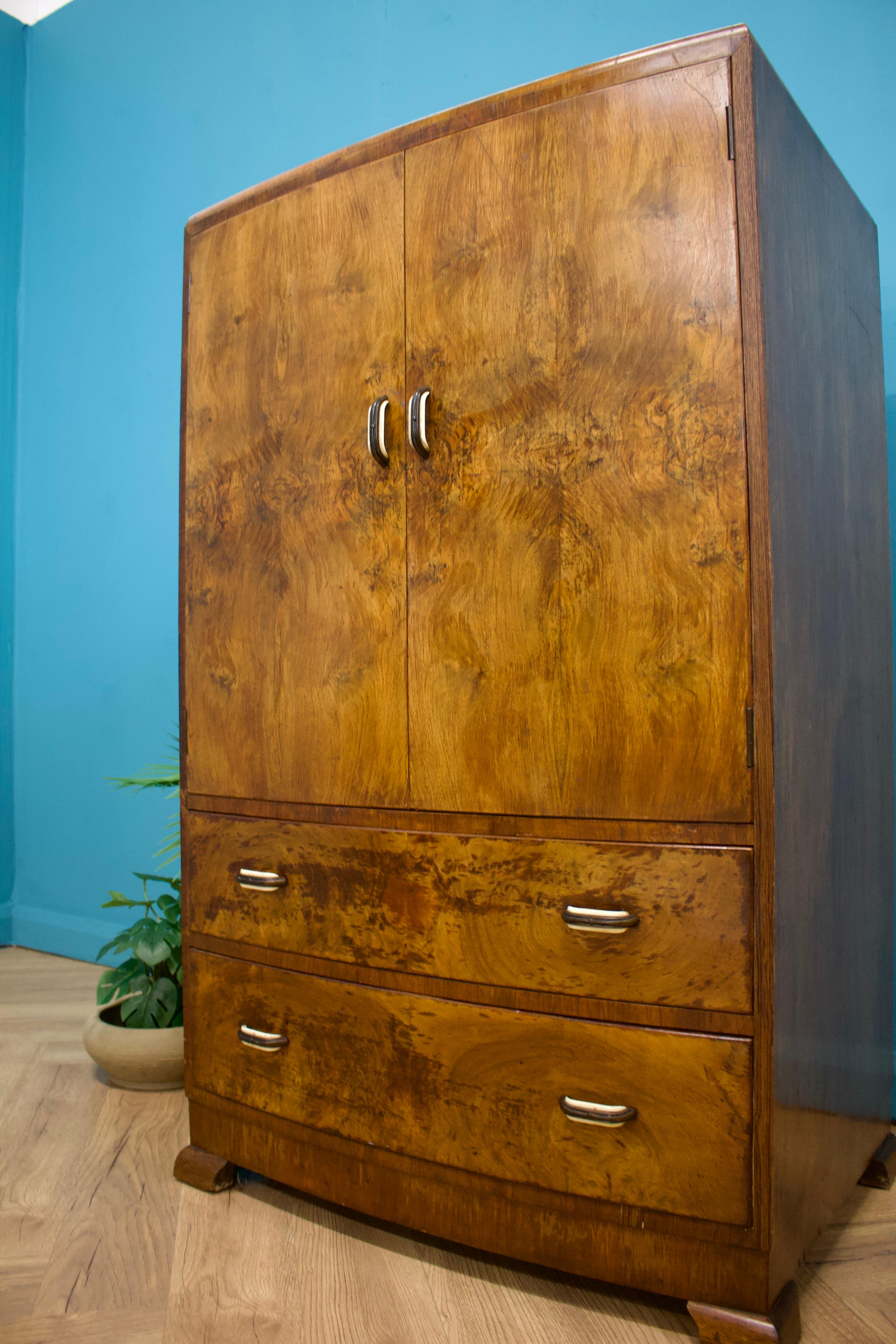 Mid-20th Century British Art Deco Style Burr Walnut Linen Cabinet, 1950s