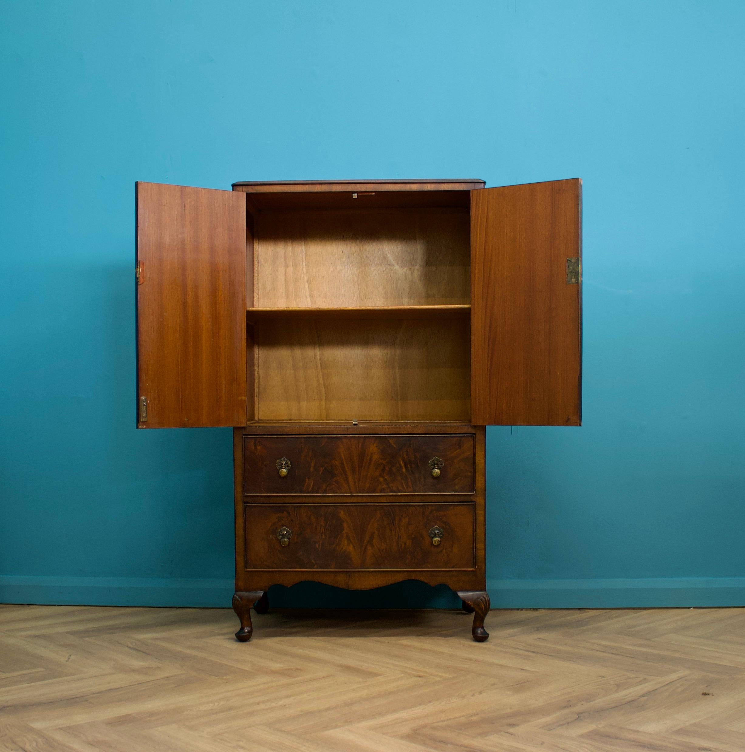 Wood British Art Deco Style Burr Walnut Linen Cabinet, 1950s