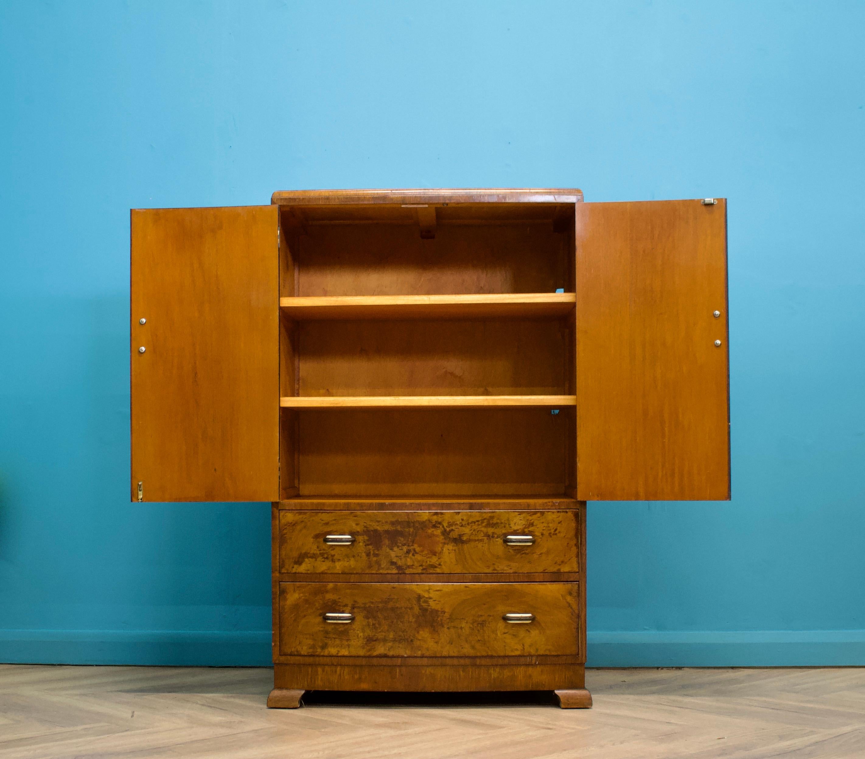 Wood British Art Deco Style Burr Walnut Linen Cabinet, 1950s