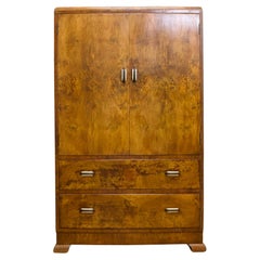 British Art Deco Style Burr Walnut Linen Cabinet, 1950s