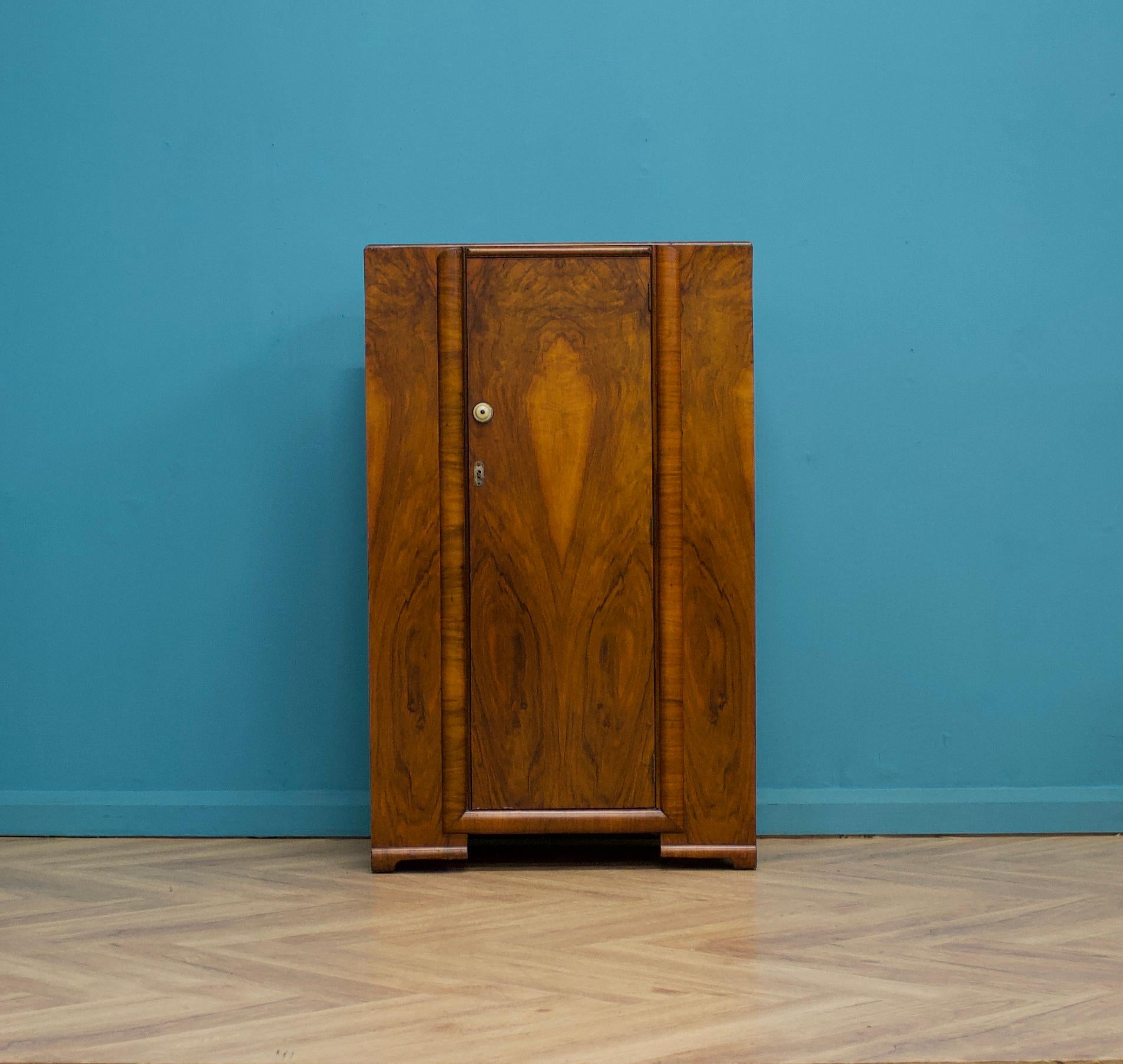 Veneer British Art Deco Style Compact Walnut Wardrobe, 1950s