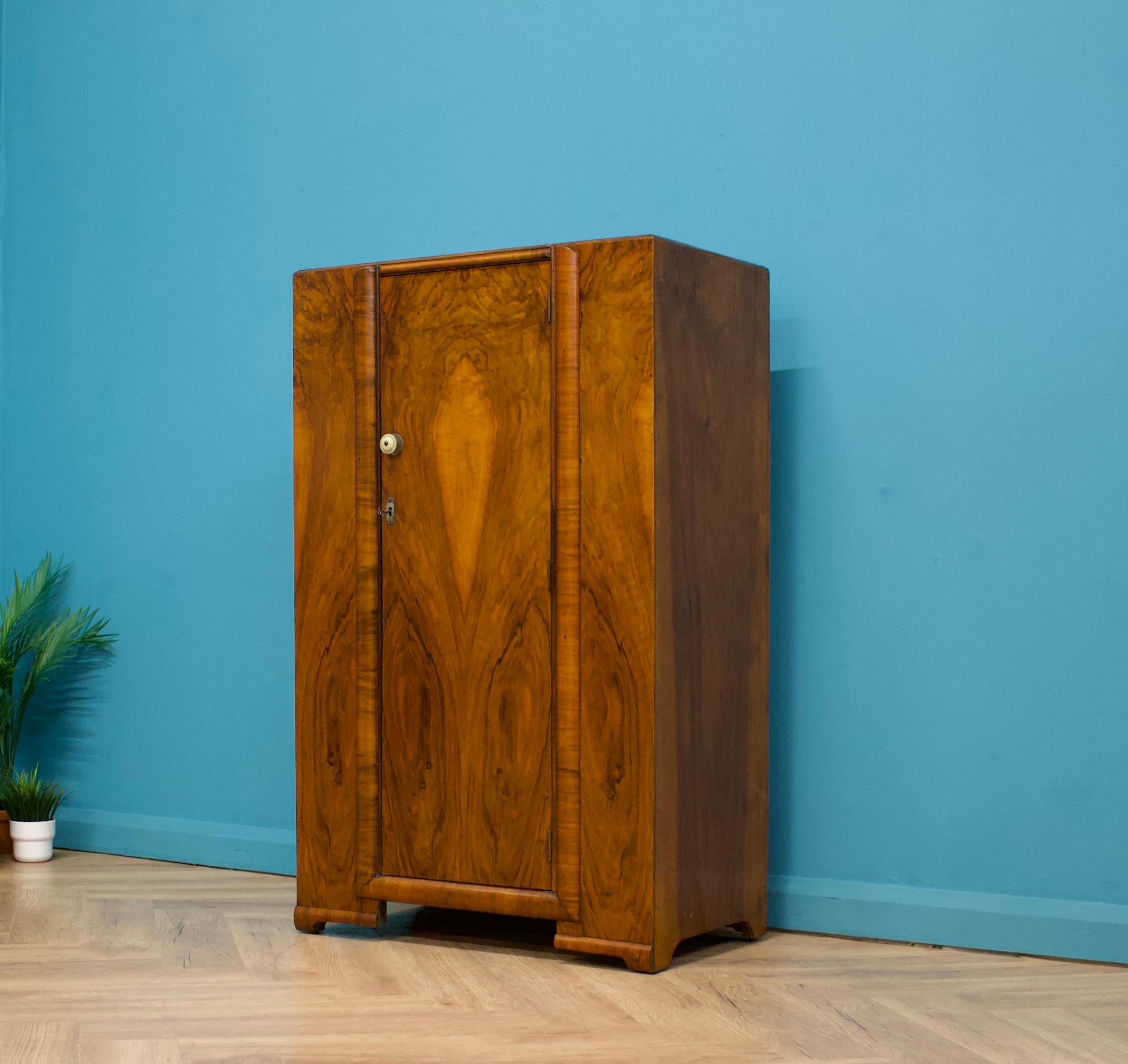 British Art Deco Style Compact Walnut Wardrobe, 1950s In Good Condition In South Shields, GB