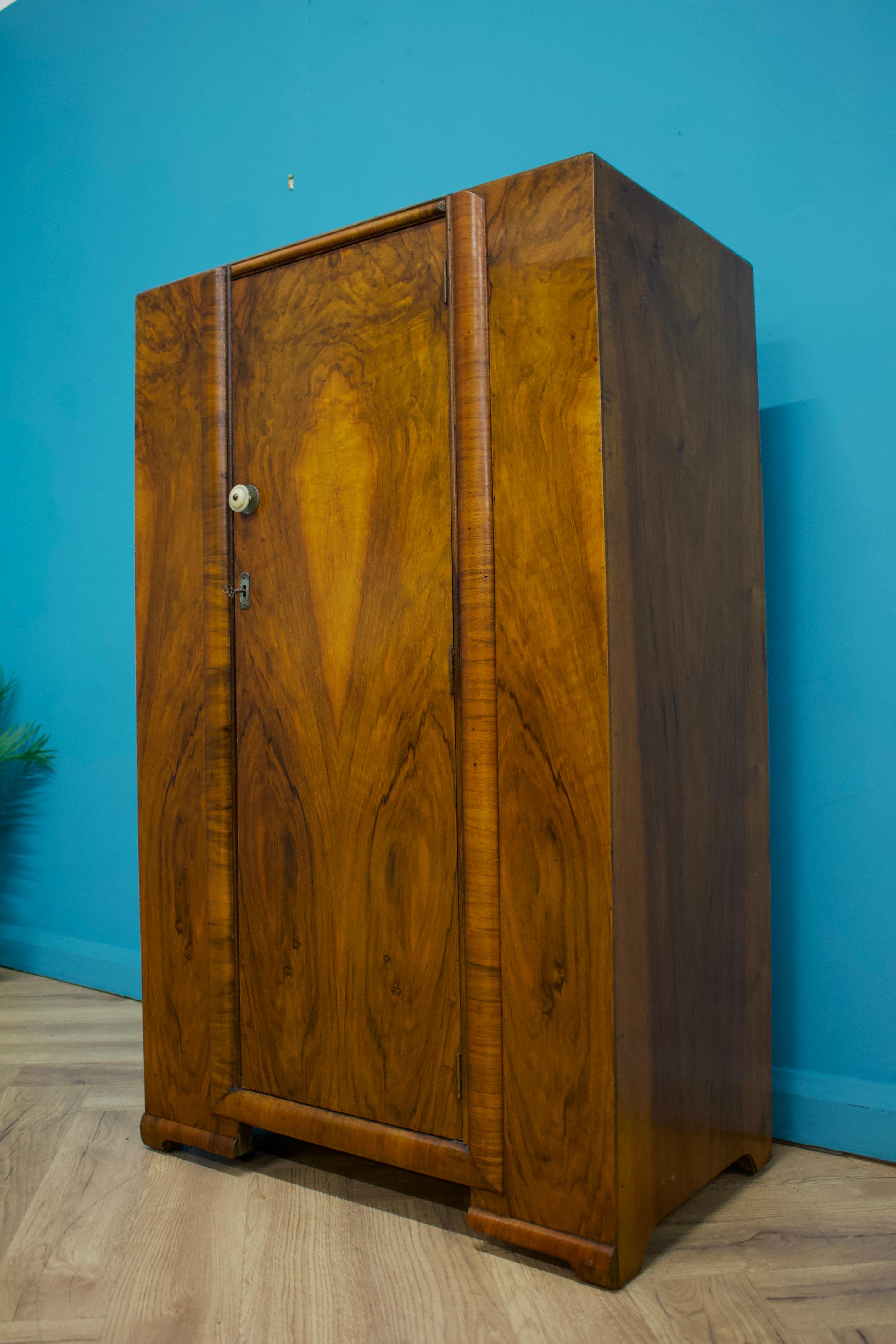 Mid-20th Century British Art Deco Style Compact Walnut Wardrobe, 1950s