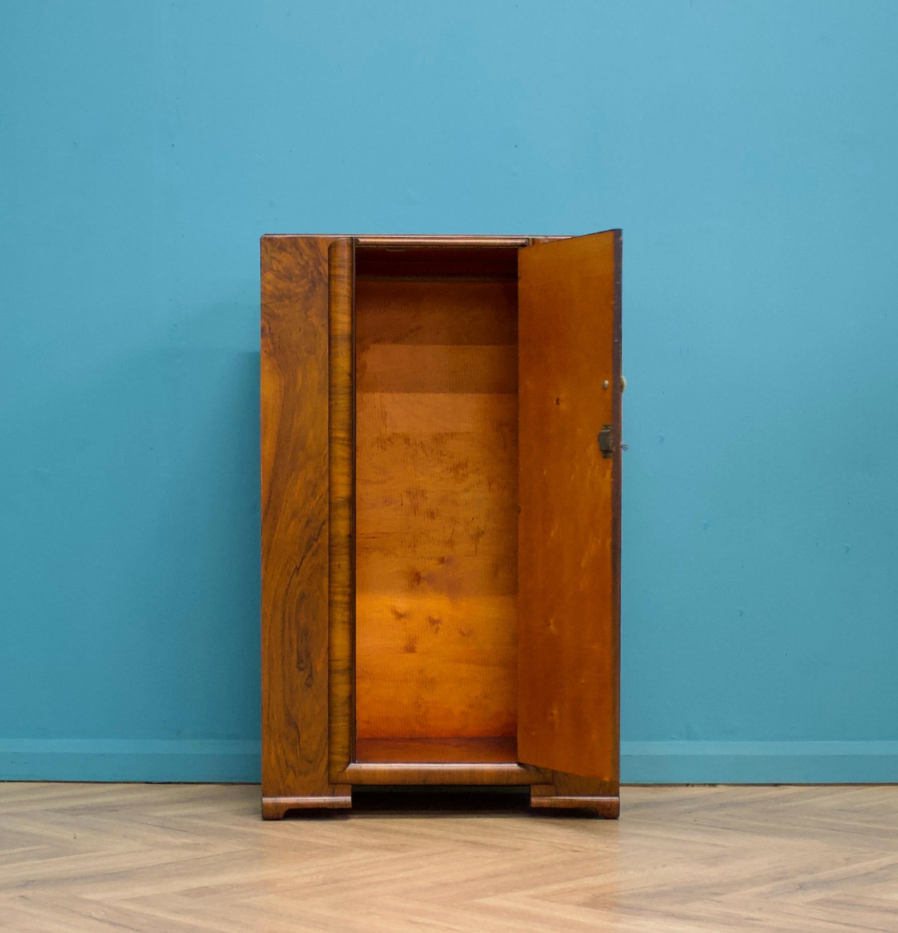 Wood British Art Deco Style Compact Walnut Wardrobe, 1950s