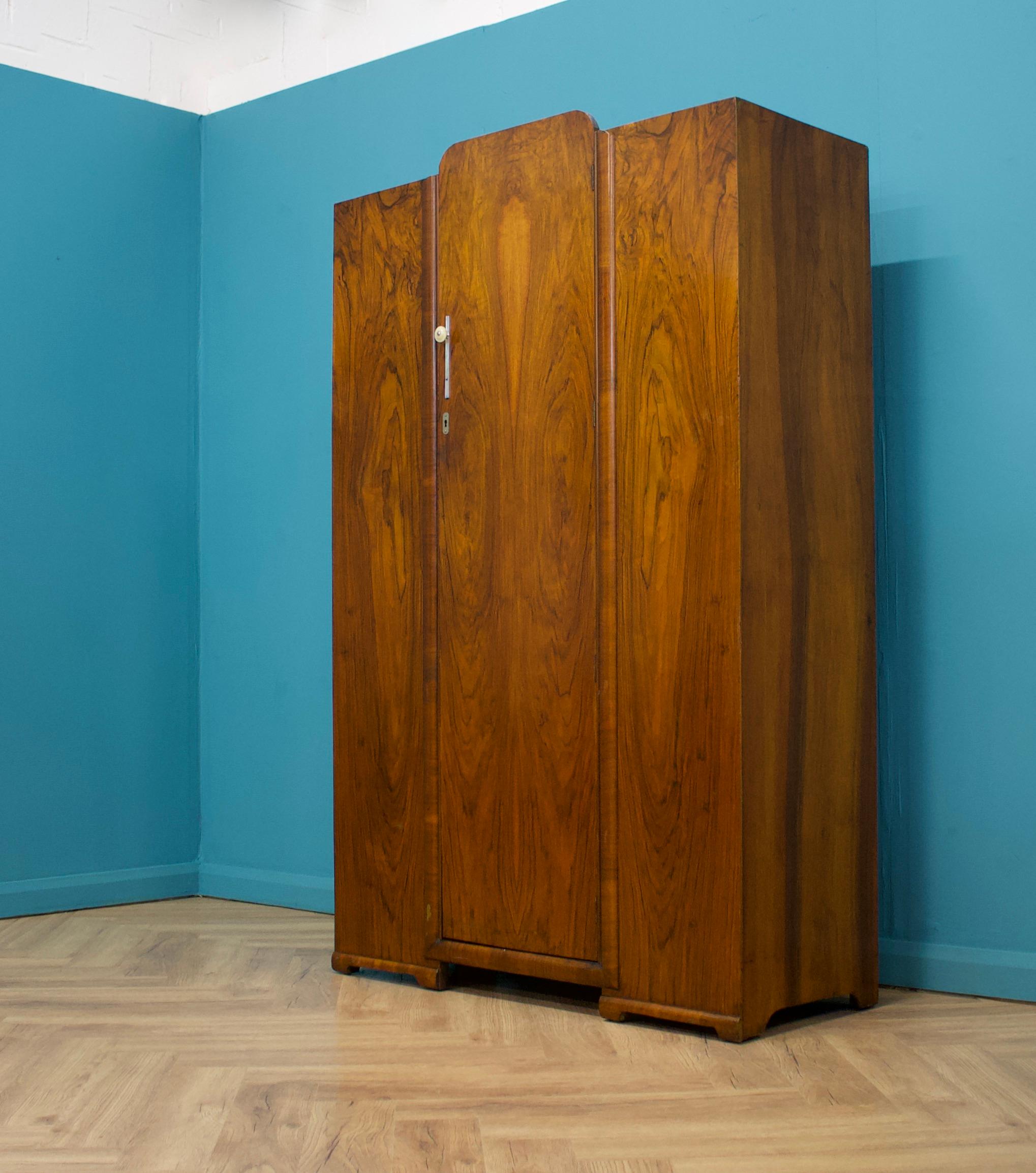 Veneer British Art Deco Style Walnut Wardrobe, 1950s